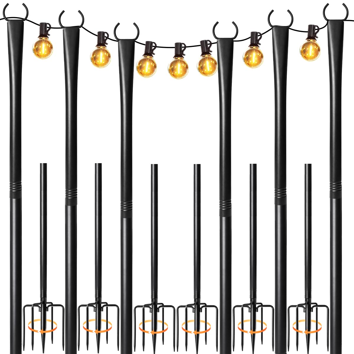 Nexillumi 6 Pack String Light Poles, 10ft Heavy-Duty Metal, Black, Adjustable for Outdoor Patio Yard Garden Decorations