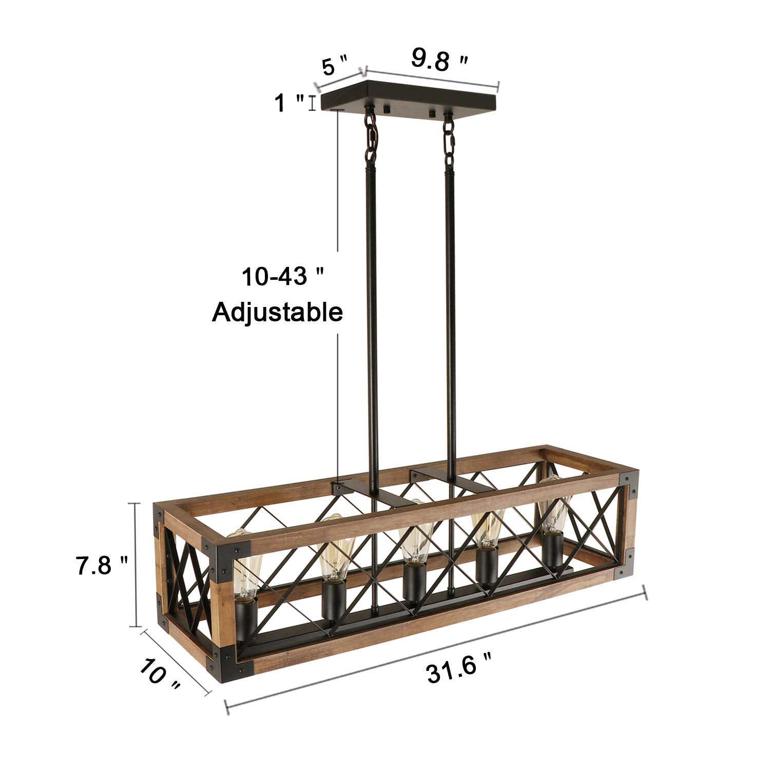 Giluta 5-Light Rectangle Wood Chandelier, Metal Farmhouse Pendant Lighting, Model C0080, UL Listed
