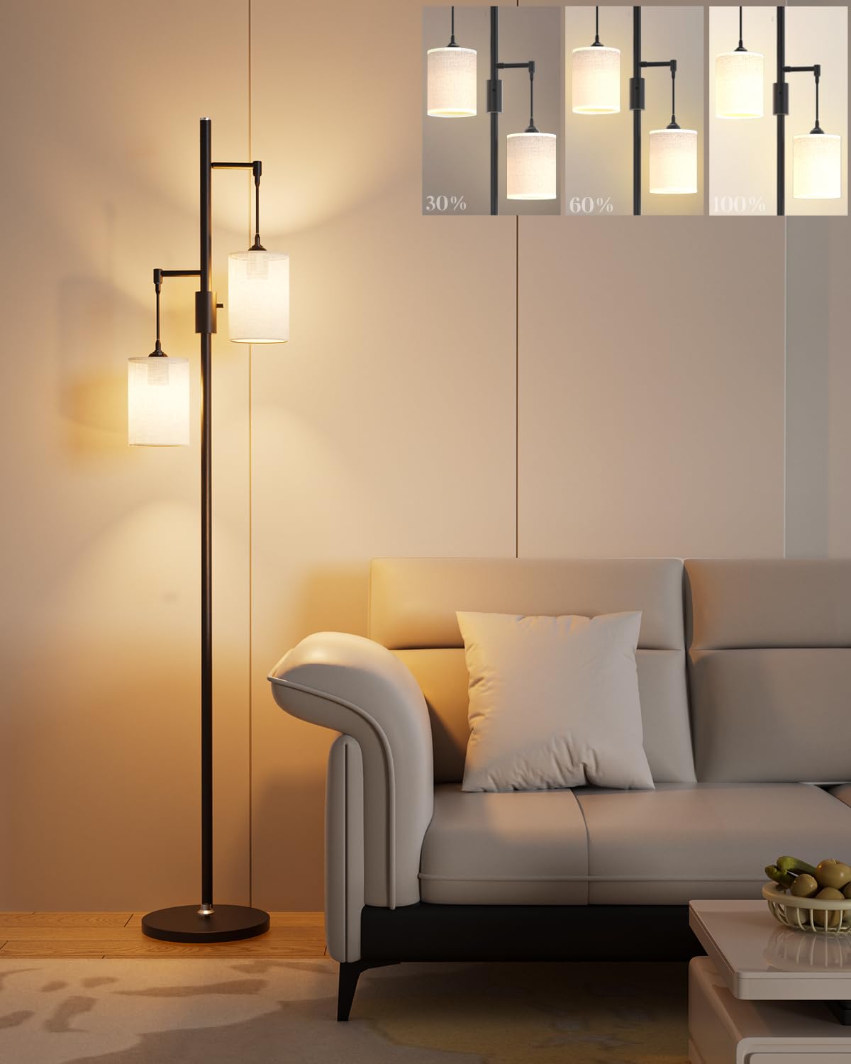 Lightdot 65IN Dimmable Tree Floor Lamp Black Tall Standing Lamps with 2 E26 3000K LED Bulbs, Mid Century Modern Floor Lamp for L