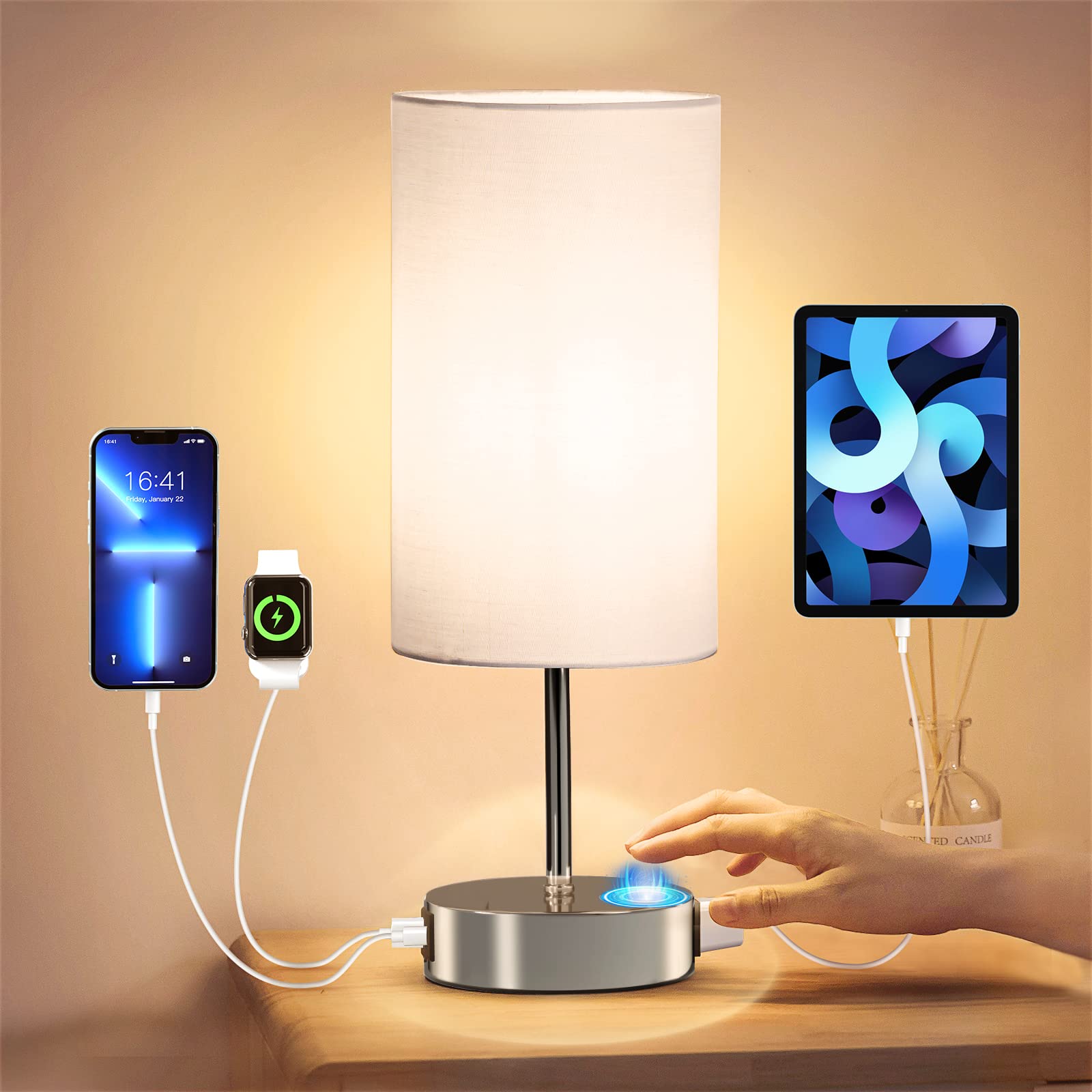 KPQ Touch Control Bedside Lamp with USB & AC Outlet, 3-Way Dimmable, Linen Fabric Shade, Bright Silver/Gray, Model T428