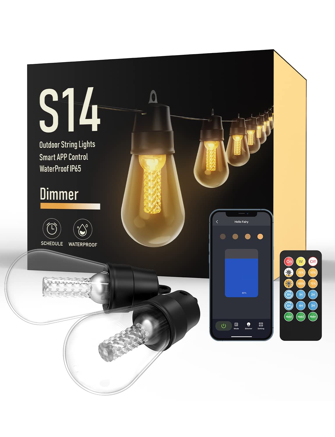 Aoycocr Led Outdoor String Lights, 48Ft Bluetooth Patio Lights, App Control, 3 Modes, Outdoor Lights with Dimmer Timer, 25 S14 E