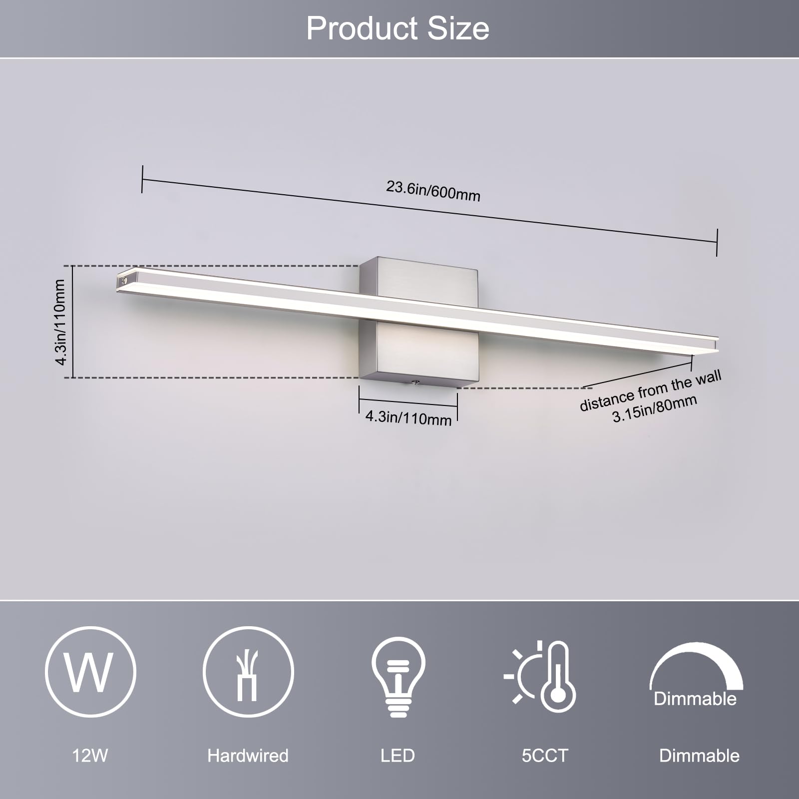 BRIVOLART LED Vanity Light Fixture 18W Dimmable 5CCT 23.6 Inch Brushed Nickel Model 6420 Acrylic Over Mirror Bathroom Lighting