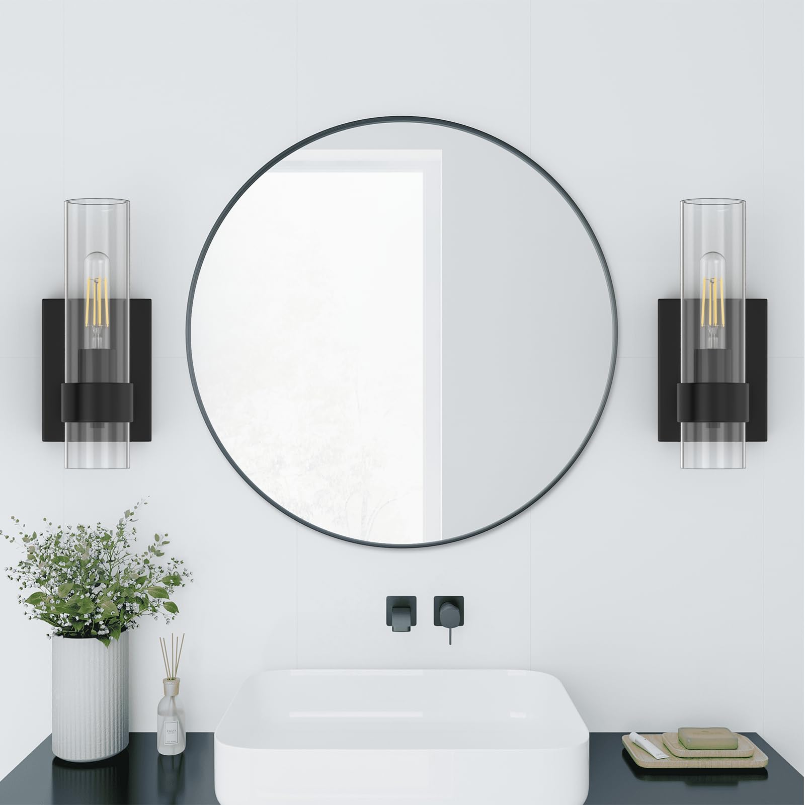 Zevluck Wall Sconces Set of 2, Matte Black Metal Vanity Lights with Clear Glass for Bathroom, Bedroom, Living Room, Model 726810190082