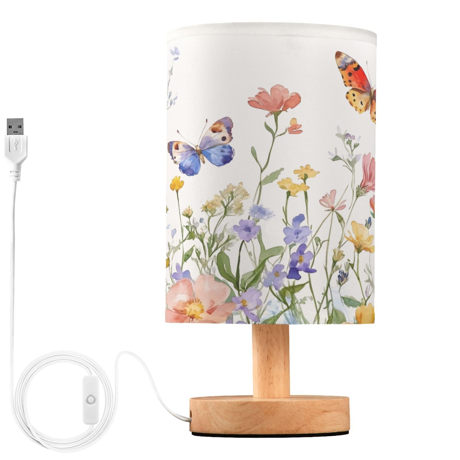 ALAZA Watercolor Wildflower Butterfly Floral Print Decor Bedside Table Lamp with USB Port for Bedroom Nightstand Office Desk LED