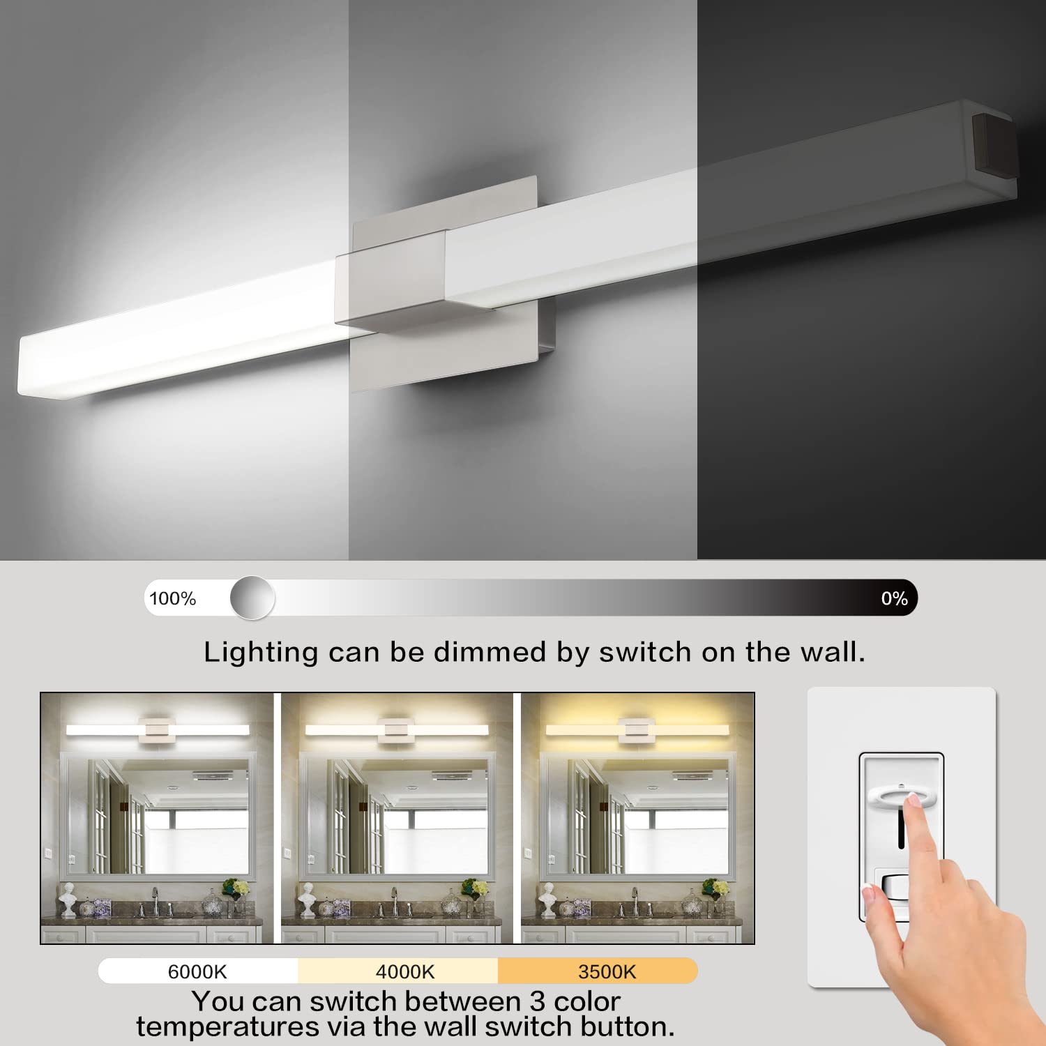 ZUZITO 40in LED Vanity Lights Brushed Nickel 3CCT Dimmable Bathroom Lighting Fixture Model S16001-1000mm-3C