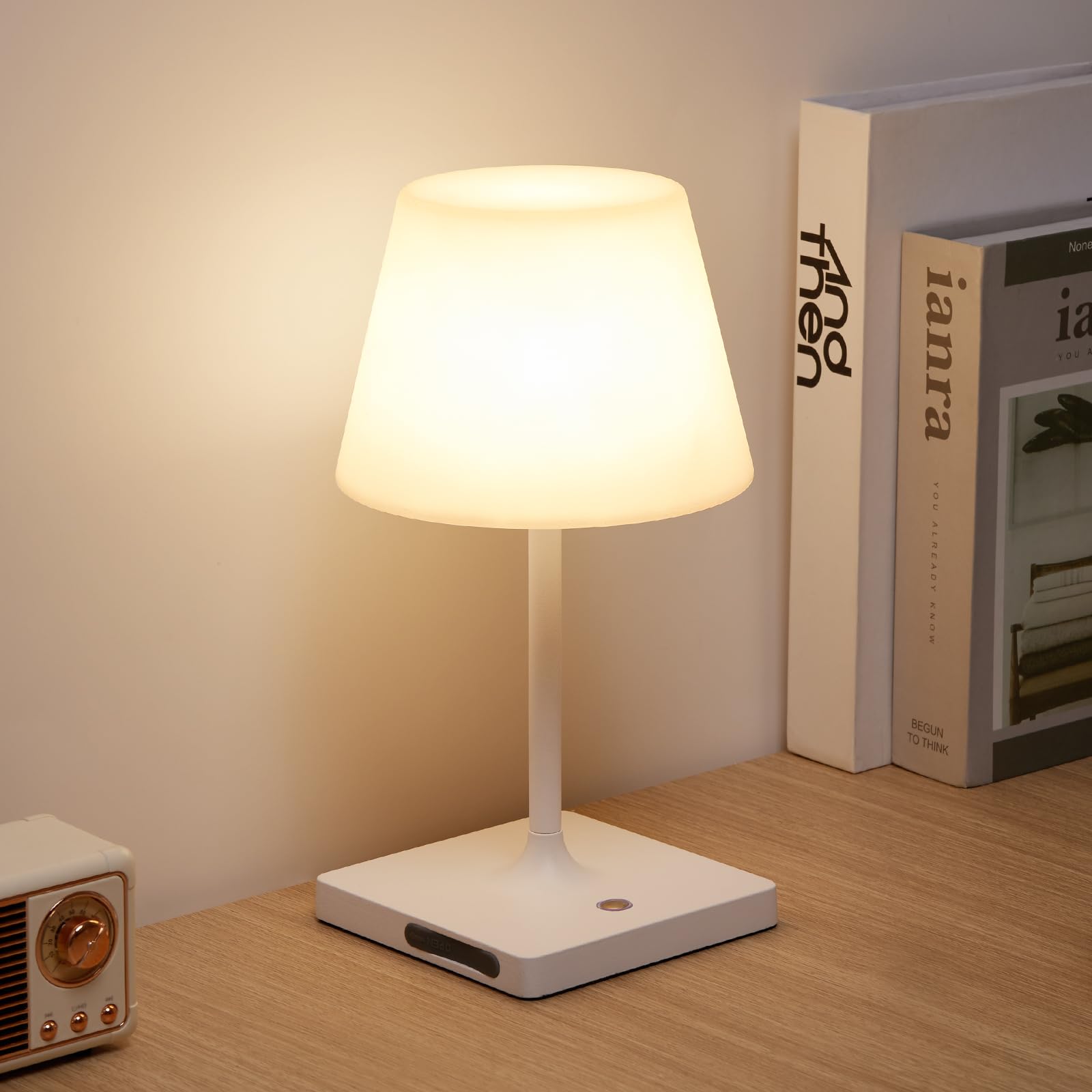 Portables Cordless Table Lamp, Outdoor Battery Operated Desk Lamp Waterproof, Built-in Rechargeable Battery, Touch Dimmable Night Light for Patio Camping Restaurant Home, White