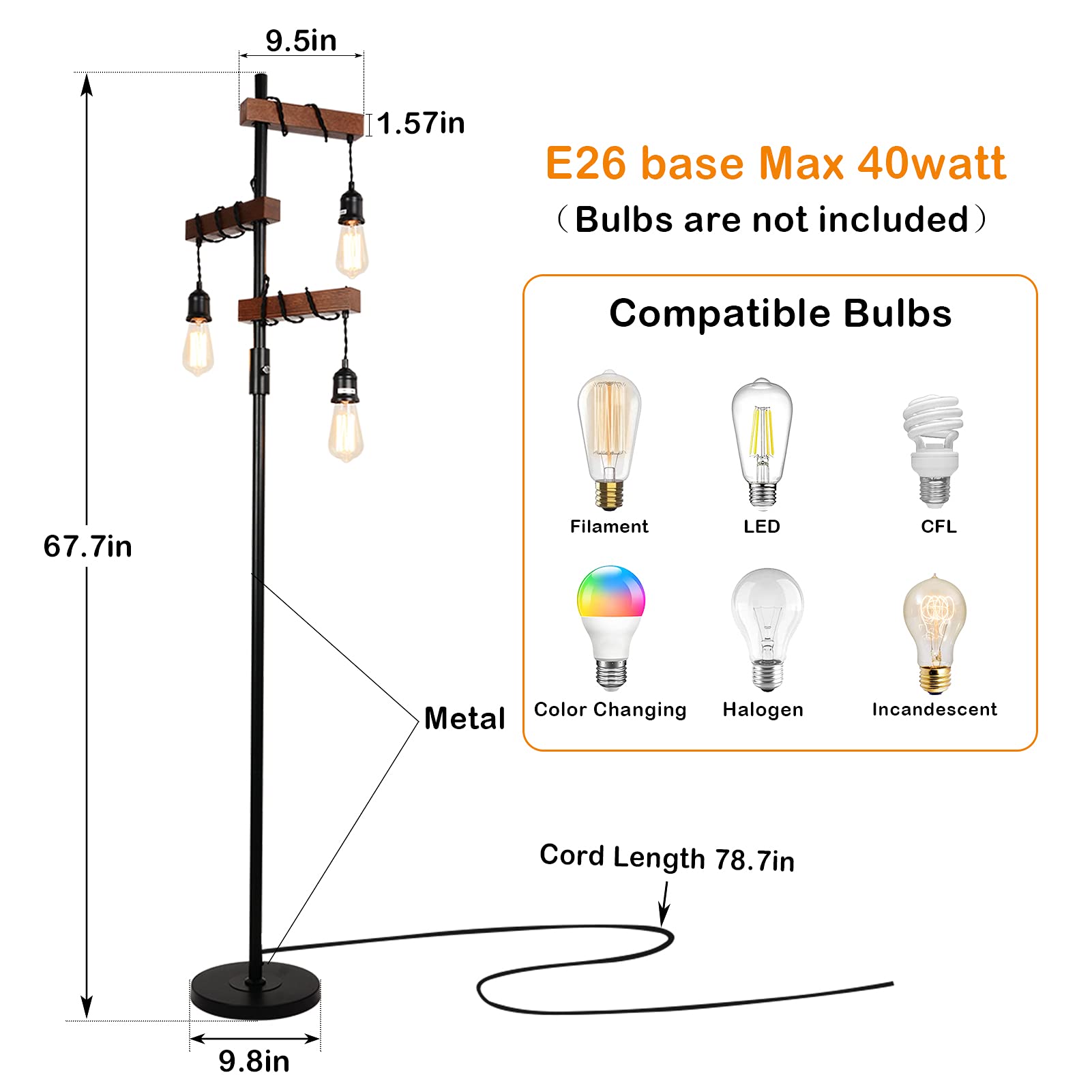Airposta Industrial Floor Lamp - 68" Rustic Wood & Metal, 3 Lights, Black Pole, Sturdy Base for Living Room/Bedroom/Office