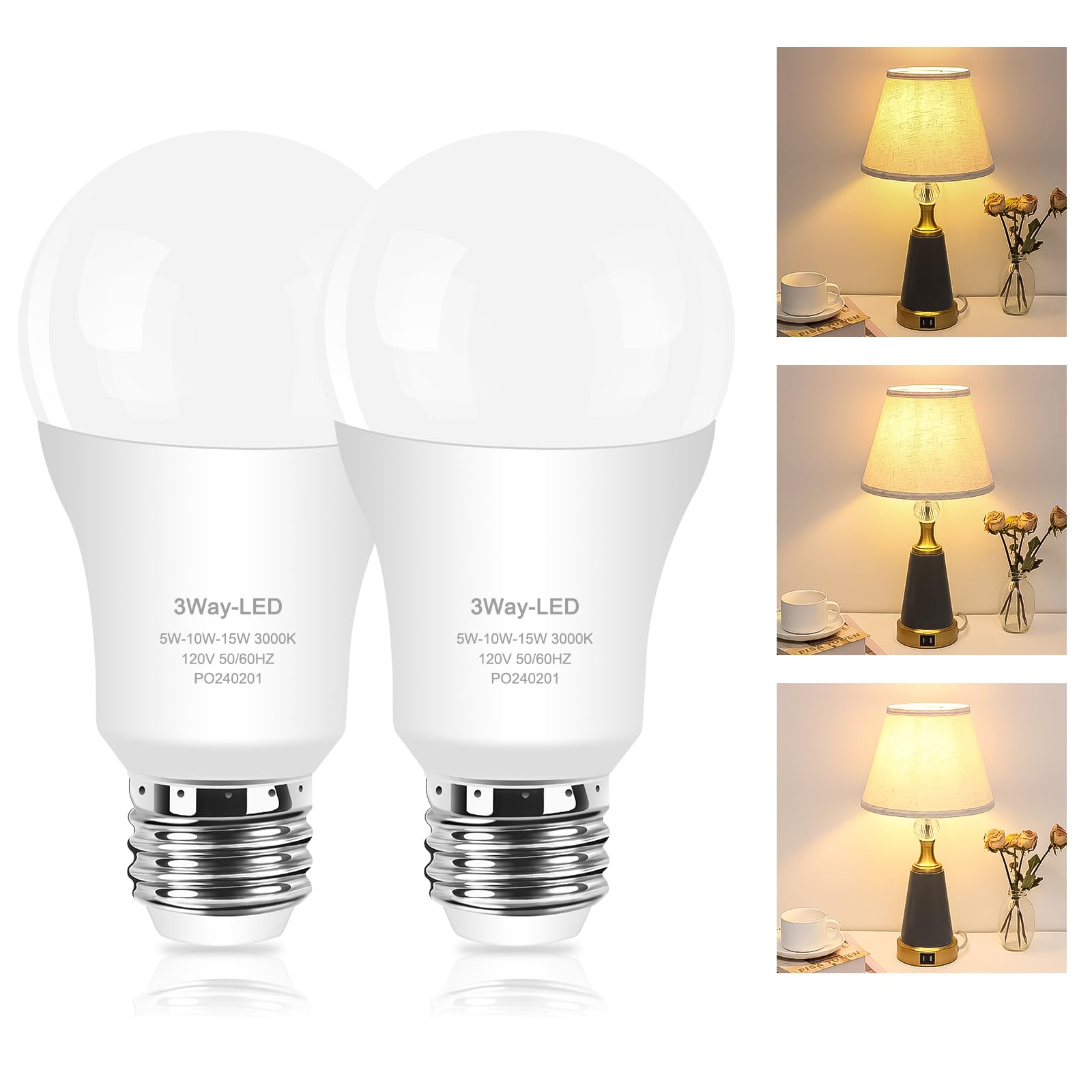 Zorykn 3 Way LED Light Bulbs 50/100/150W, 3000K Warm White, E26 Base, 500/1000/1500 Lumens, Energy