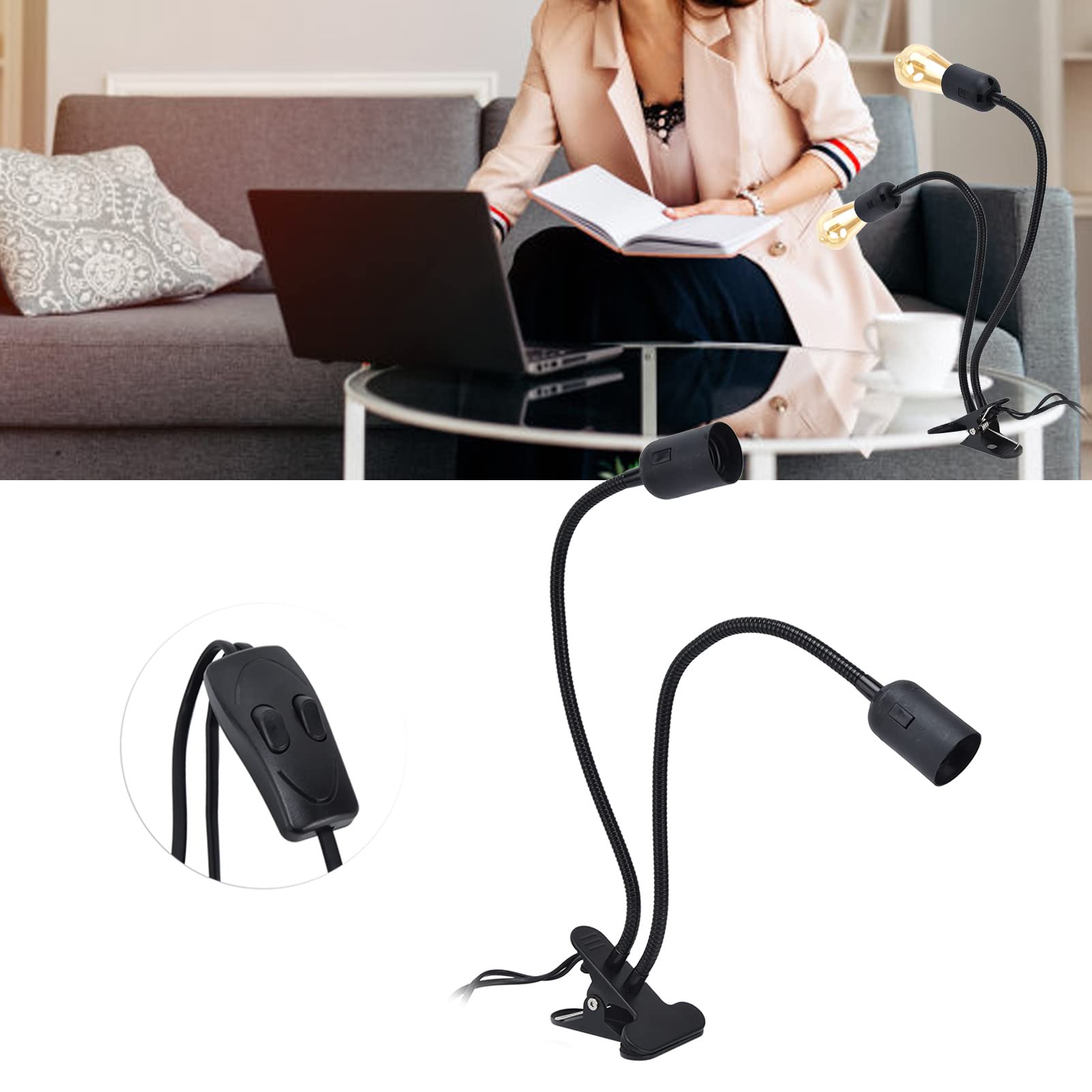 Luqeeg Clip Desk Lamp with E26/E27 Socket, 360° Adjustable Clamp Light, On/Off Switch for Headboard, Study, and Work