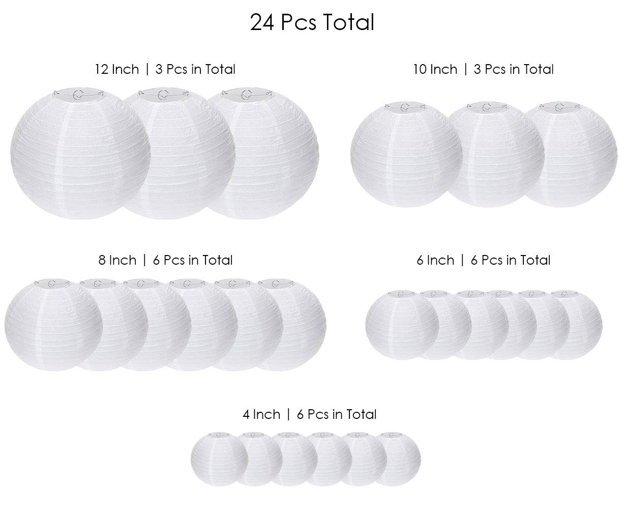 Uniqooo 24Pcs White Paper Lantern Wedding Party Decoration Set, Hanging Japanese Lantern Decor, Easy Assemble, For Home Outdoor Baby Bridal Shower, Birthday Favor Supply, Assorted 12 Inch, 10, 8, 6, 4