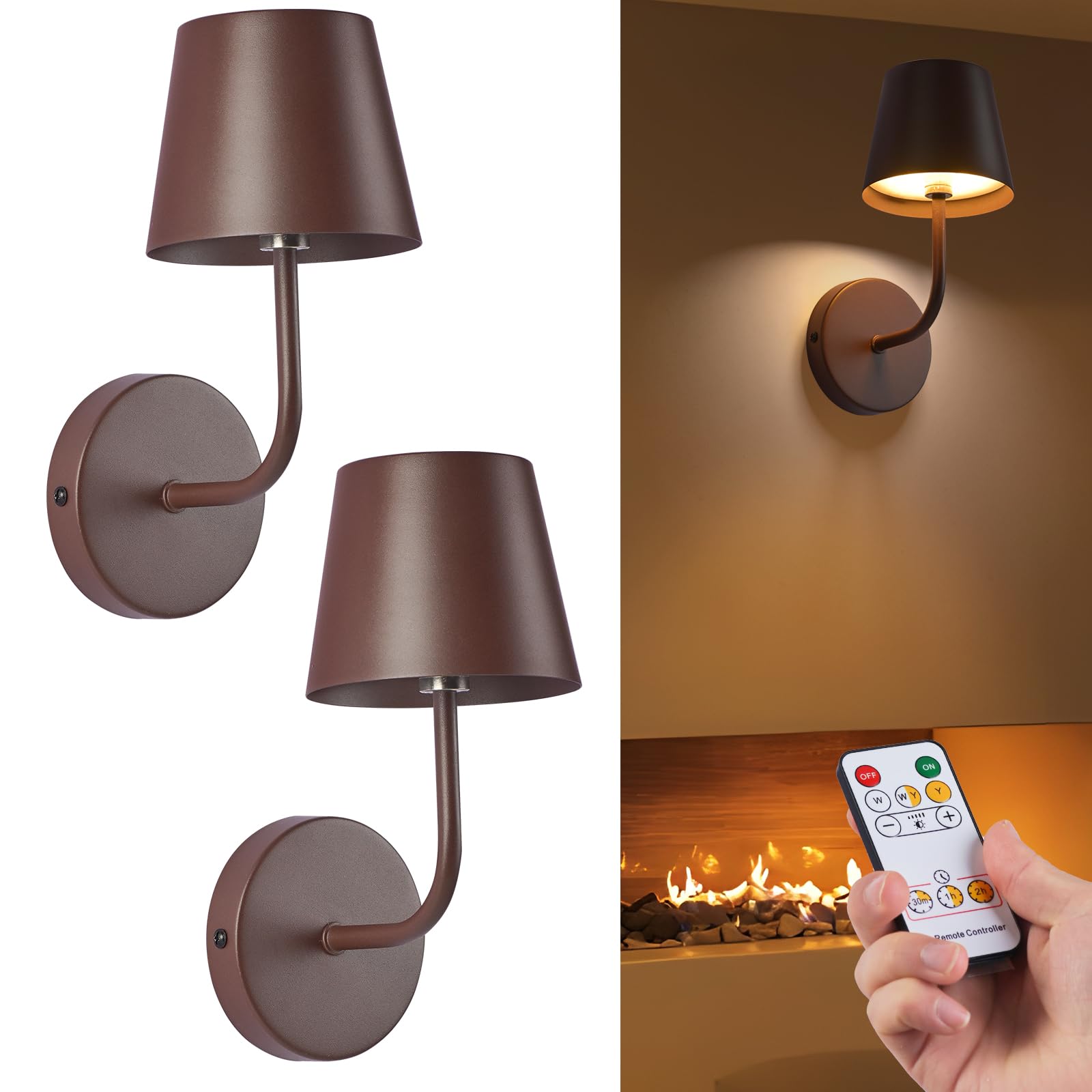 IMQSQIK LED Wall Lamp Set of 2, Rechargeable 5600mAh, Touch Control, Brown, Model RQ-14-2Pack