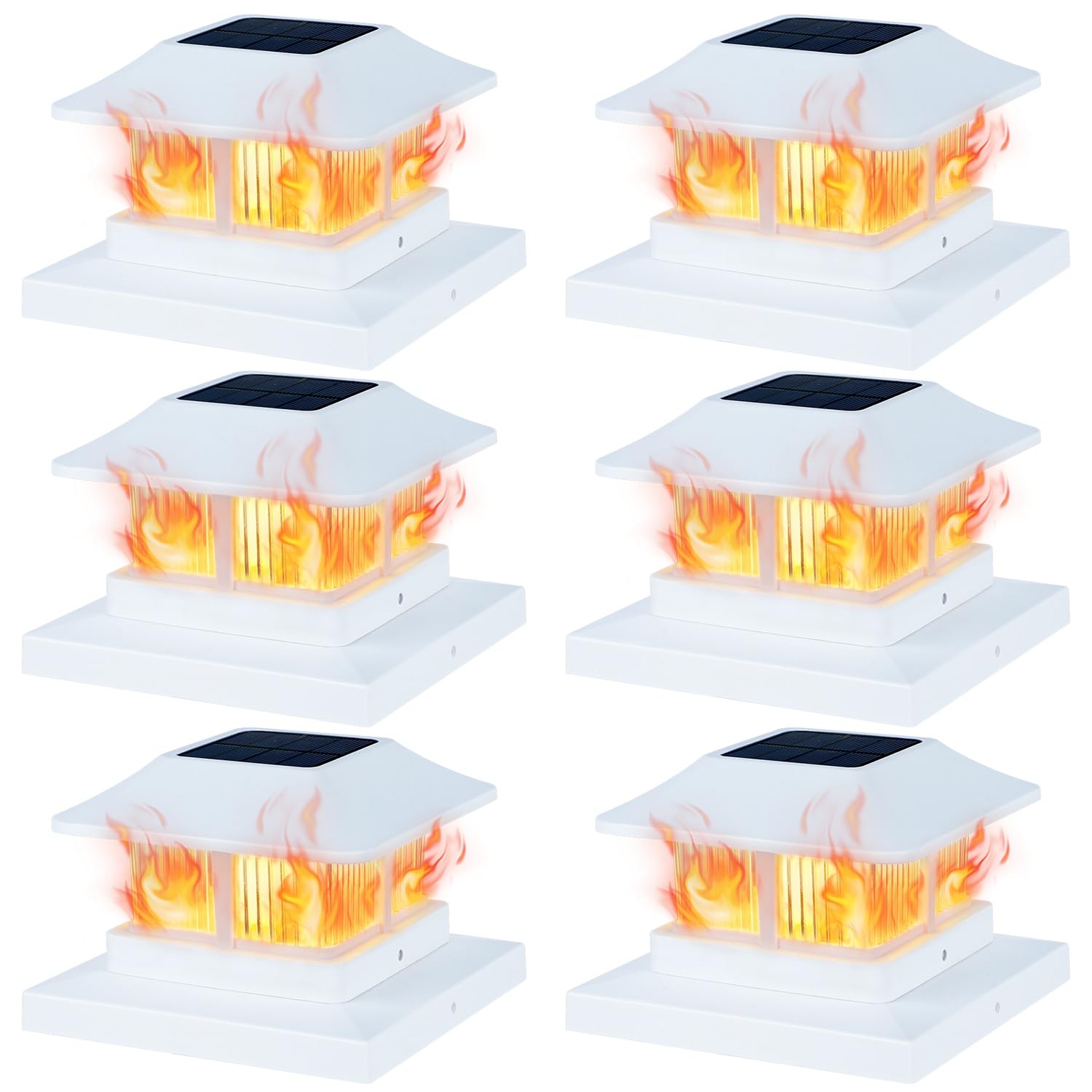 Dynaming Solar Flame Post Cap Lights, Waterproof LED Lamps for 4x4, 5x5, 6x6 Posts, 6 Pack, White, Model B23556-6