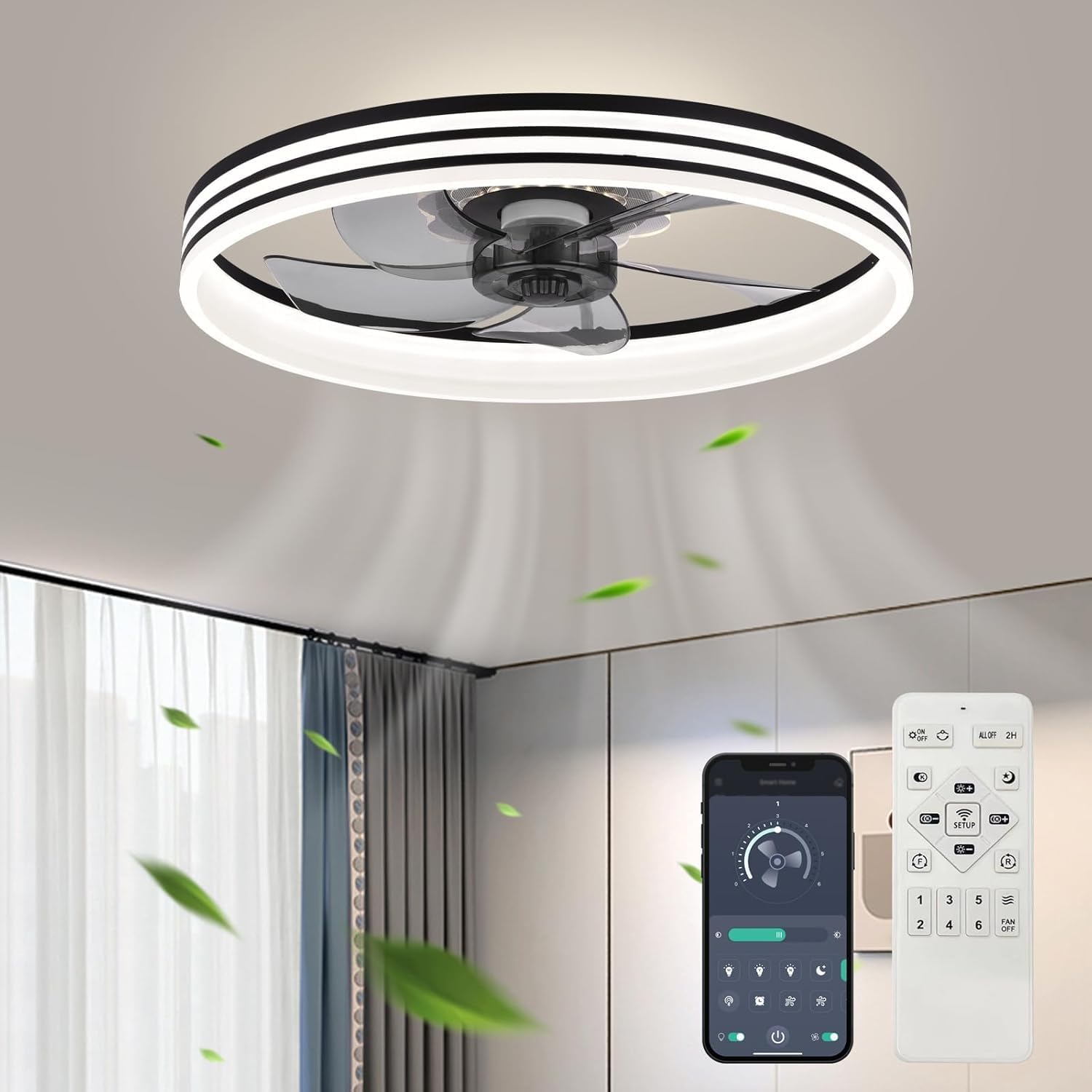 Fszdorj 20? Ceiling Fans With Lights, Low Profile Ceiling Fan With Light, Flush Mount Ceiling Fan With Light, 6 Speeds, Dimmable