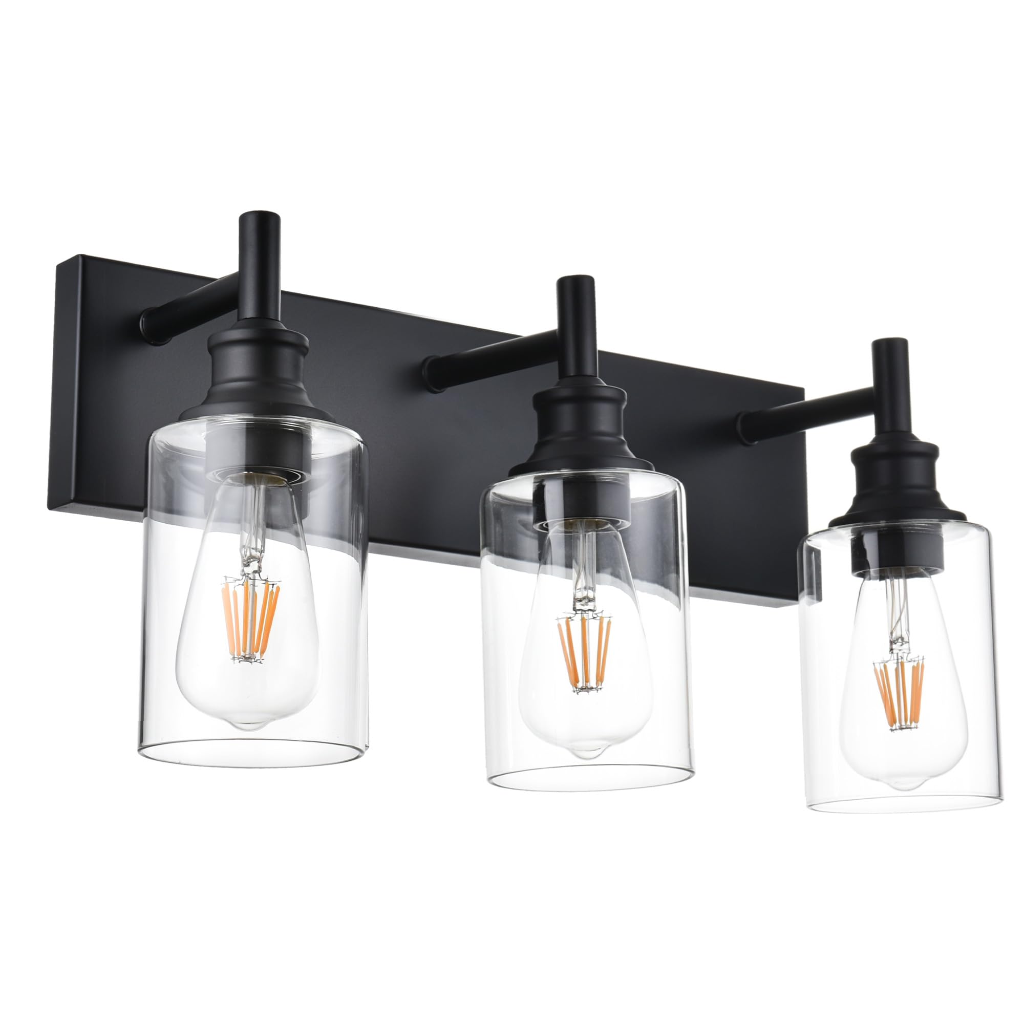 Wanluce 3 Light Bathroom Vanity Lights, Black Iron Fixtures with Clear Glass Shades, Model 16-16111-3W-BL