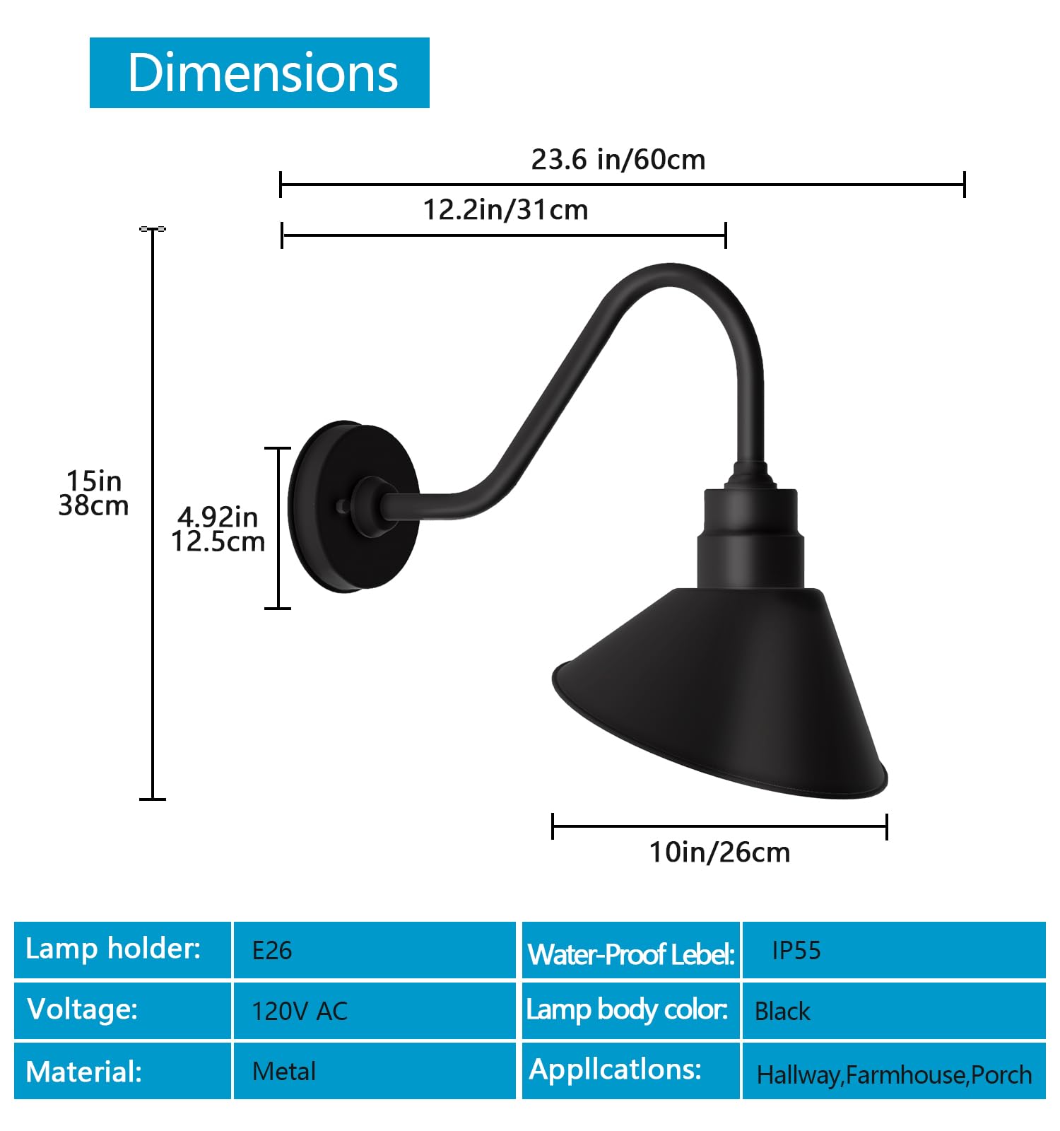 DENGNBJ Gooseneck Light - 10in Vintage Outdoor Sign Lighting, Black, 2-Pack, Model D72-10in-B2
