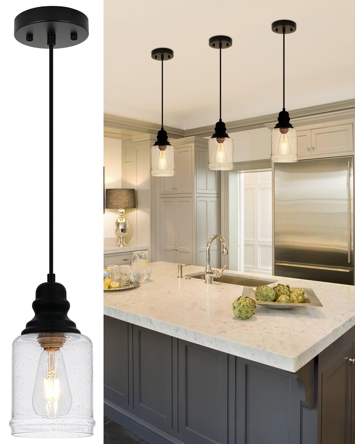 WILON Modern Glass Pendant Lights for Kitchen Island, 6.29'' Mini Pandent Light Fixture with Seeded Glass Shade Black Farmhouse 