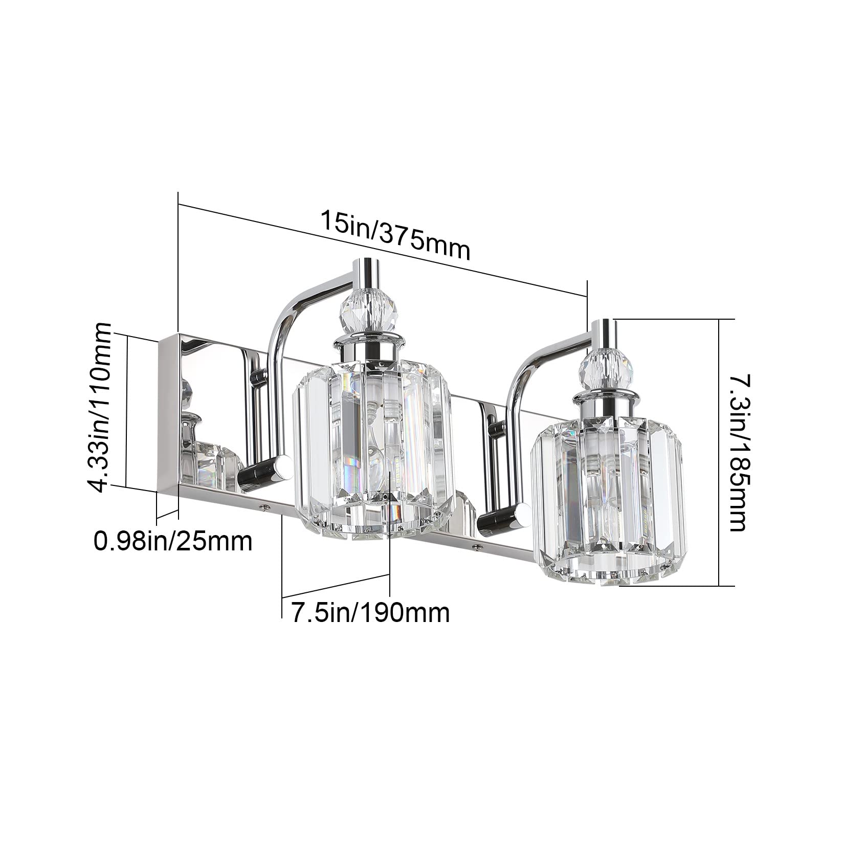 Ralbay Crystal Vanity Light - Modern Chrome 2-Light Bathroom Fixture, 15 Stainless Steel, Model 8605