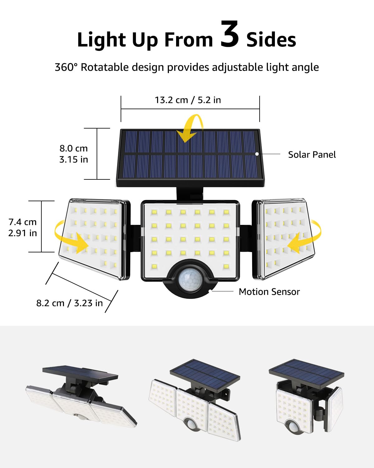 Lepro Solar Lights Outdoor with Motion Sensor, 3 Adjustable Heads, IP65 Waterproof, Black, Model 640003-DW