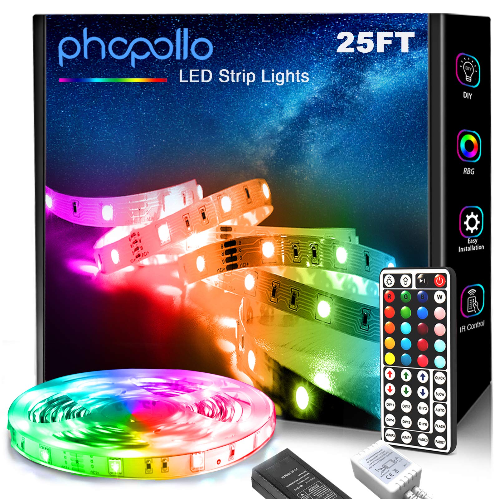 phopollo 5050 LED Strip Lights, 25ft Multicolor with IR Remote & 12V Power Supply, Model PH25RGB53WUS