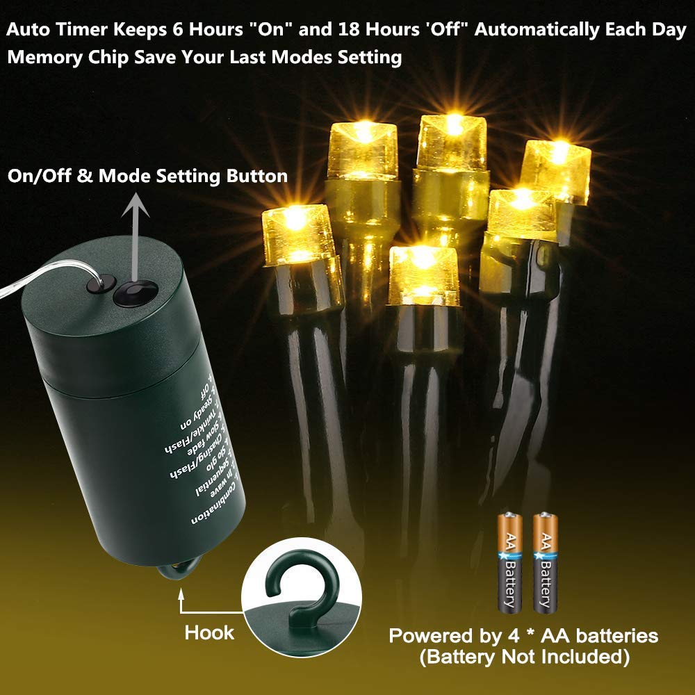 Toodour Battery Christmas Lights - 200 LED, 68.9ft, Warm White, 8 Twinkle Modes, Waterproof, Timer for Holiday Decor