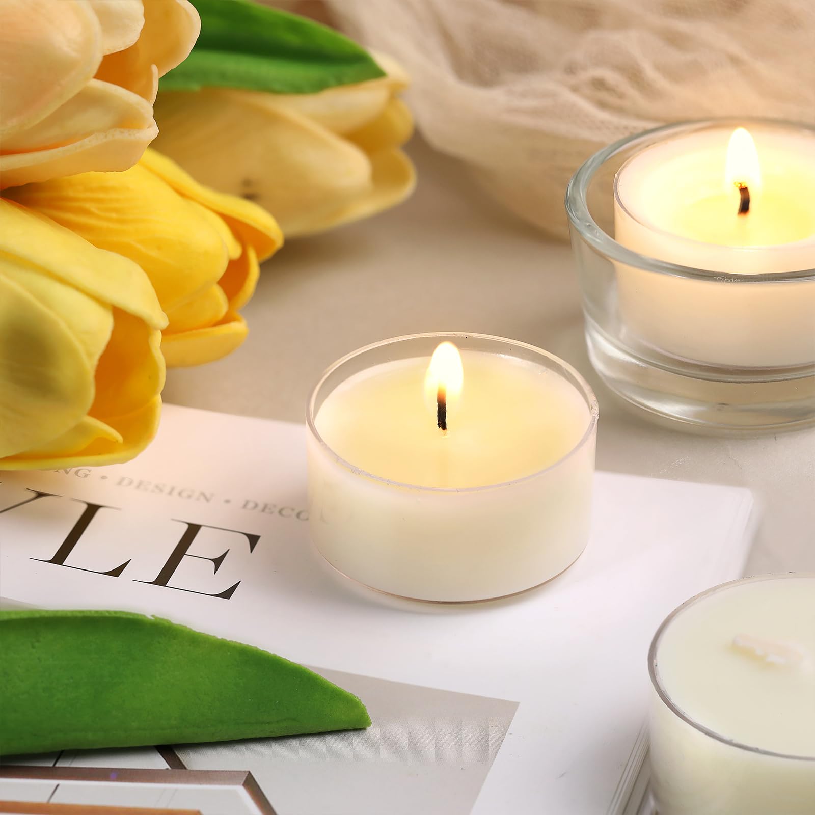 Simeitol Soy Wax Tealight Candles, 50 Pcs White Unscented, 6 Hour Burn Time, Smokeless Votive Tea Lights for Weddings and Home