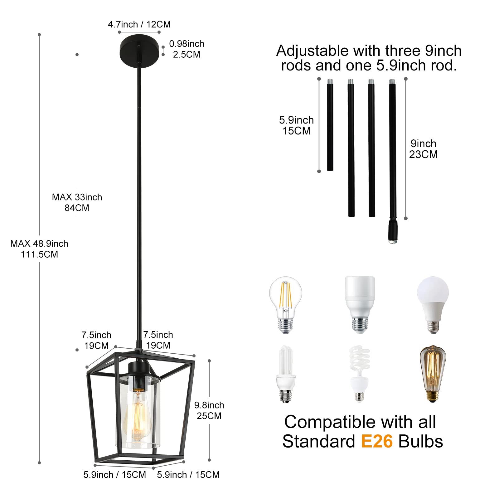 Gzjunyo 1-Light Black Pendant Light Fixture Farmhouse Iron Cage Metal Pendant Light Lantern Hanging Light Fixtures With Clear Glass Shade For Kitchen Island, Entryway, Dining Room, Hallway