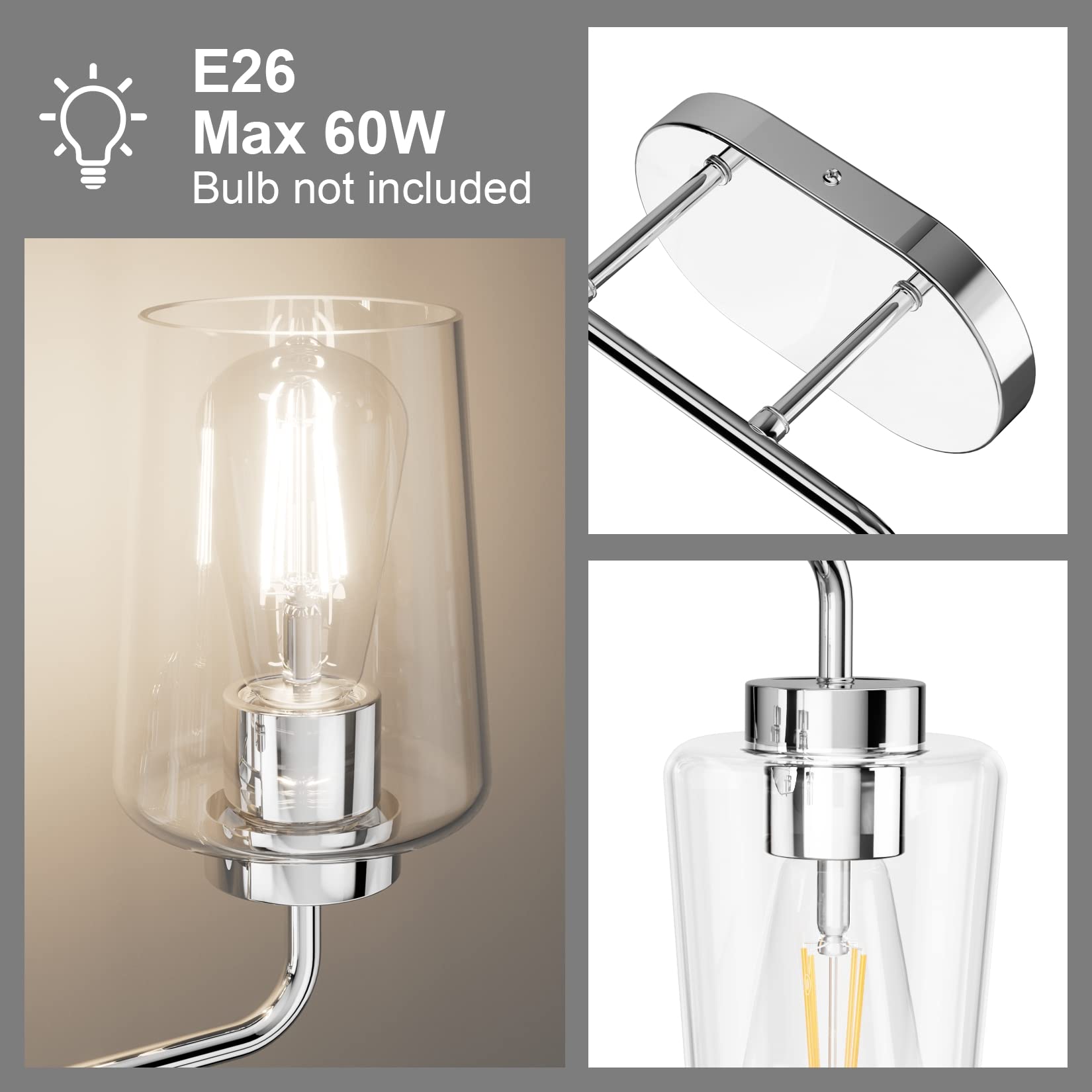 Tipace Chrome Vintage Bathroom Vanity Light,2 Lights Modern Stainless Steel With Clear Glass Bathroom Light Fixtures Industrial