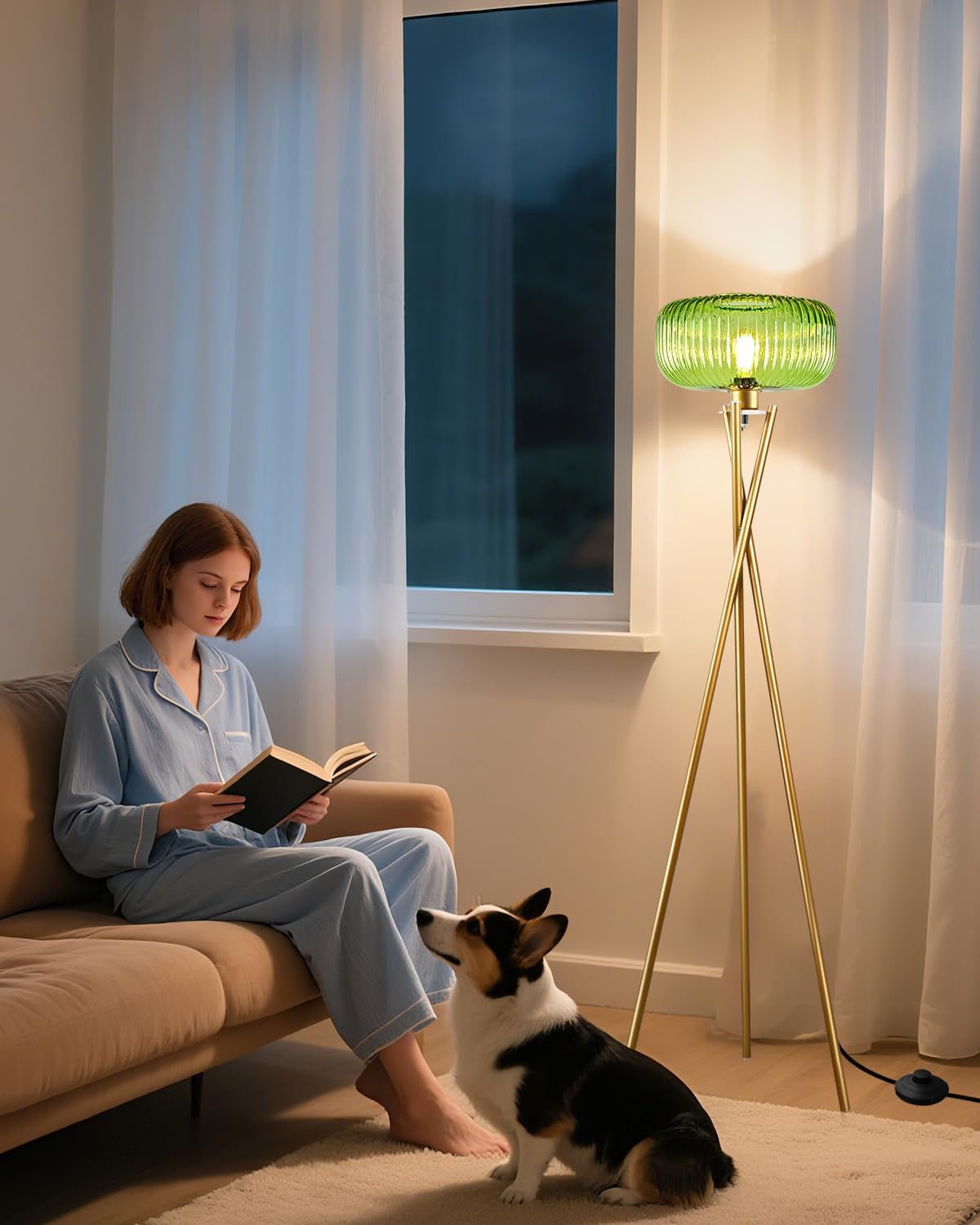 Lightdot Glass Tripod Floor Lamp for Living Room  Modern Gold Standing Lamp with Green Ribbed Glass Lampshade  Arc Tall Lamp for Bedroom Office Reading Room/Sofa Beside/Corner Decor (Bulb Included)