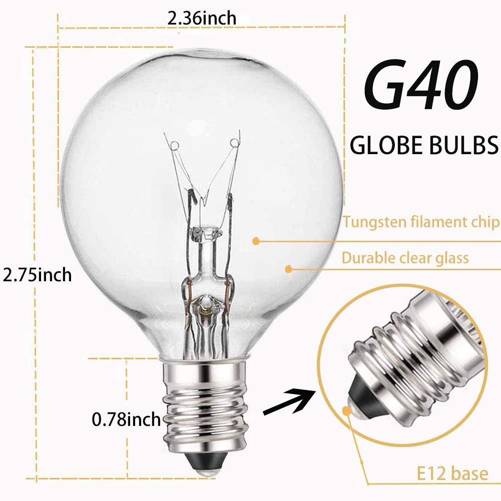 Romasaty G40 Outdoor String Lights 50ft, 20 Edison Glass Bulbs, Waterproof, E12 Socket, White