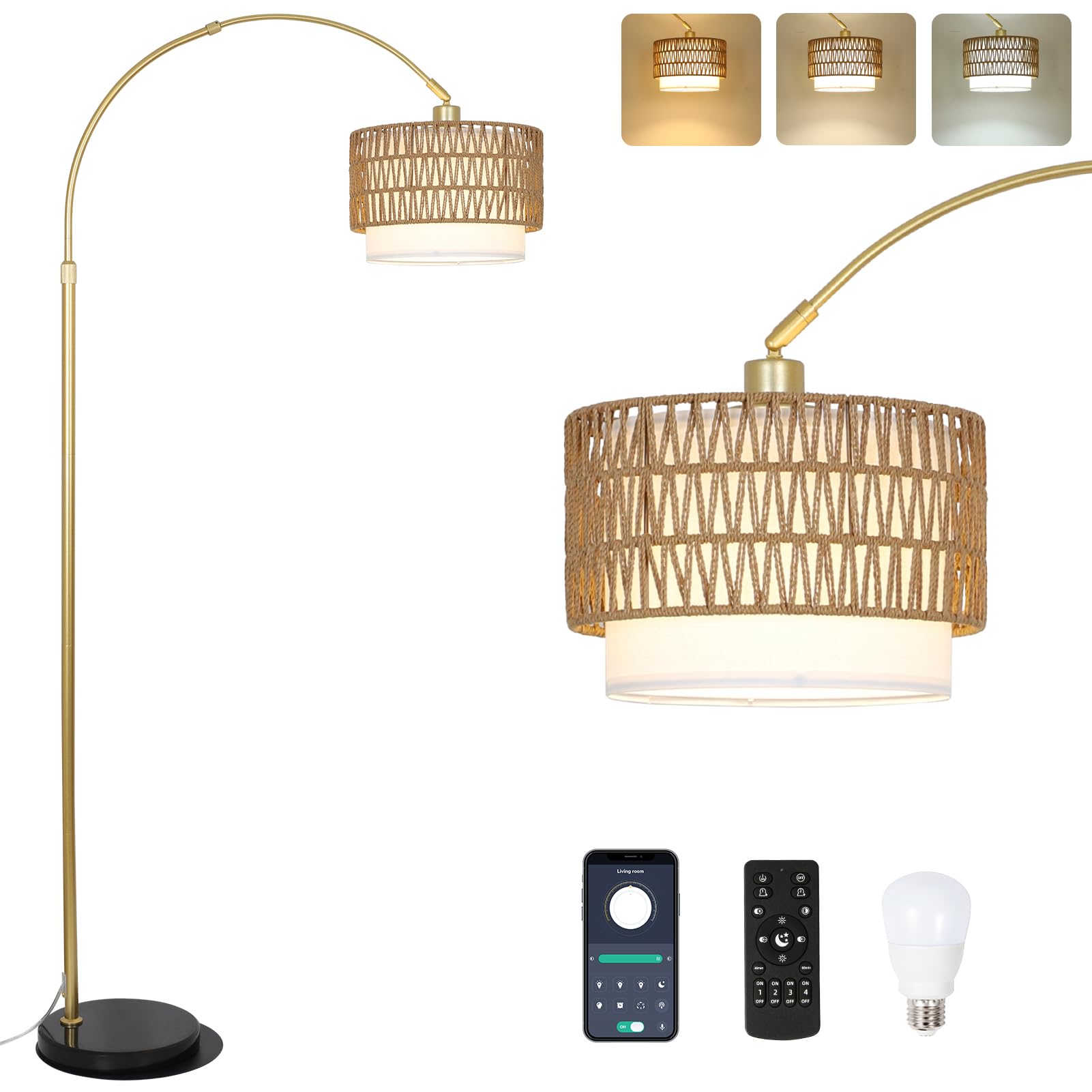 Arc Floor Lamp for bedroom with Rattan & Linen Shades, Gold Floor Lamp with Remote & Dimming Bulb, Rustic Standing Lamp with 3 C