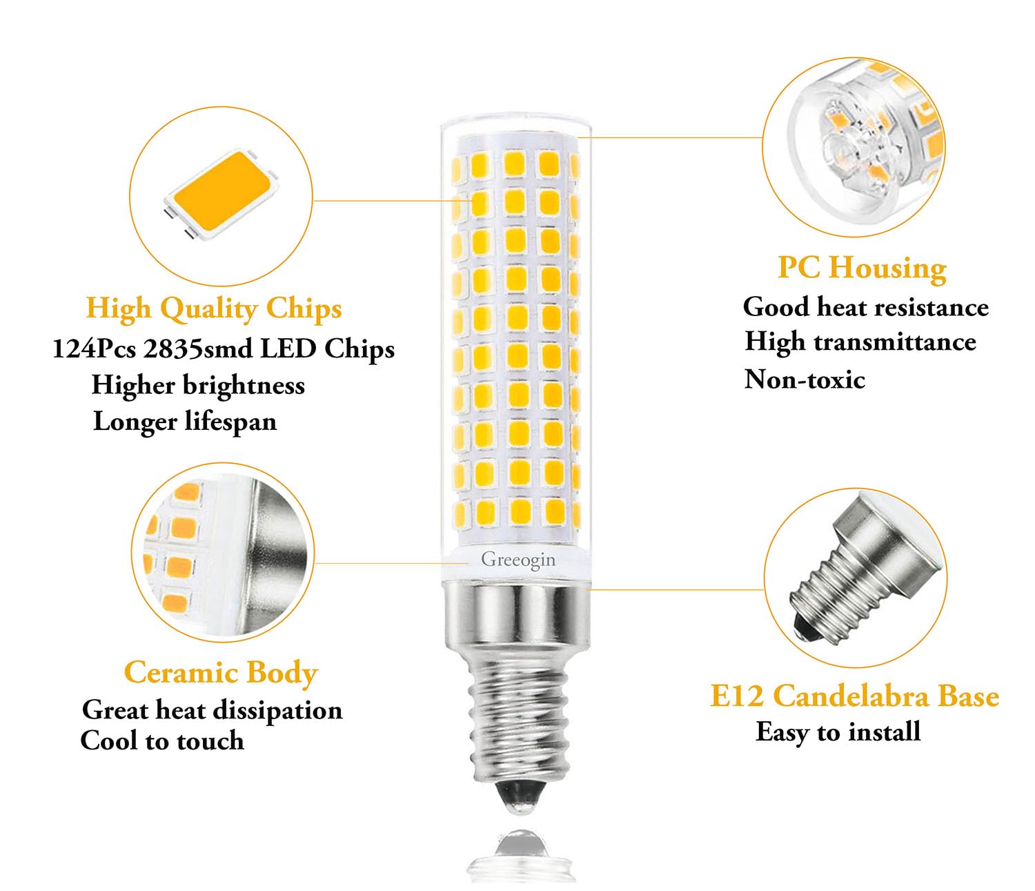 Greeogin T6 E12 10W Led Candle Bulbs,4000K Natural White,1200Lm E12 Led Candelabra Bulbs C7 For Ceiling Fan Chandelier Pendant L