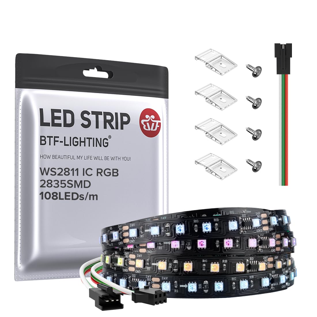 Btf-Lighting 2835Smd Ws2811 Ic Rgb Chasing Color Led Strip Light 9.8Ft Dc24V 108Led/M 18Pixels/M 8Mm Width Flexible Addressable Strip For Bedroom Desk Home Indoor Decor (No Adapter Or Controller)