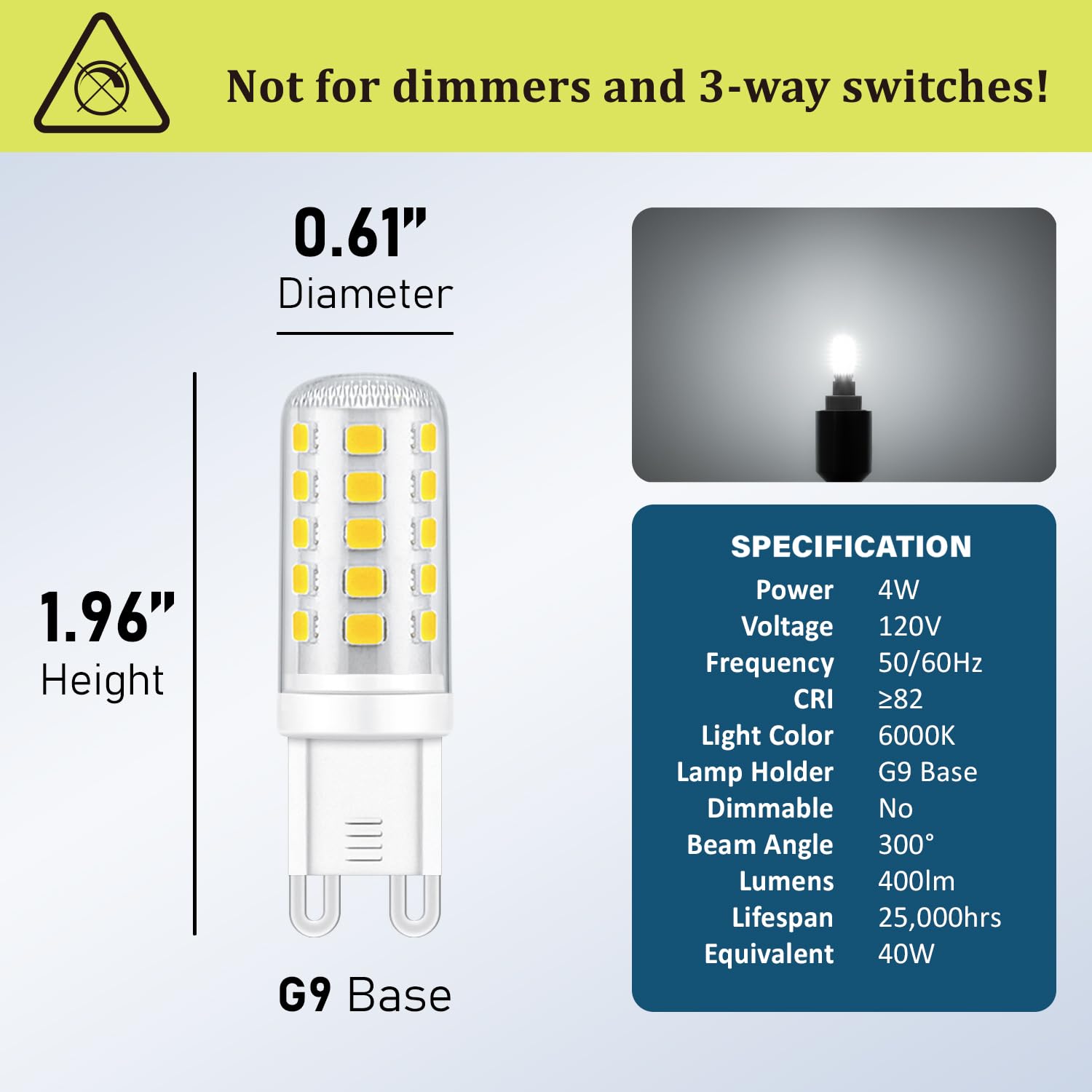 Maelsrlg G9 Led Bulb 4W(40W Equivalent), 6000K Daylight, Non-Dimmable, T4 120V 400Lm, G9 Bi-Pin Base, 10-Pack