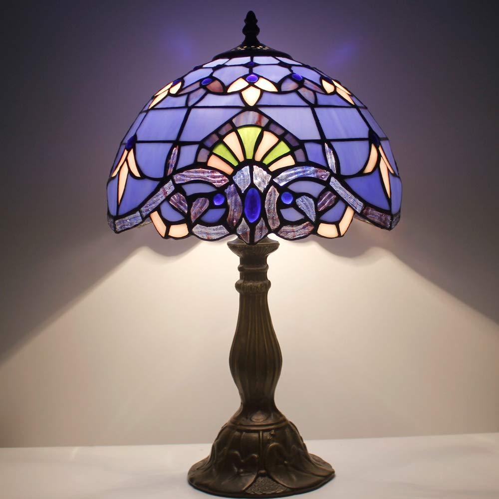 WERFACTORY Tiffany Table Lamp, Stained Glass, 12x12x18 Inches, Blue Purple Baroque, S003C Series, Ideal for Bedroom and Living Room Decor