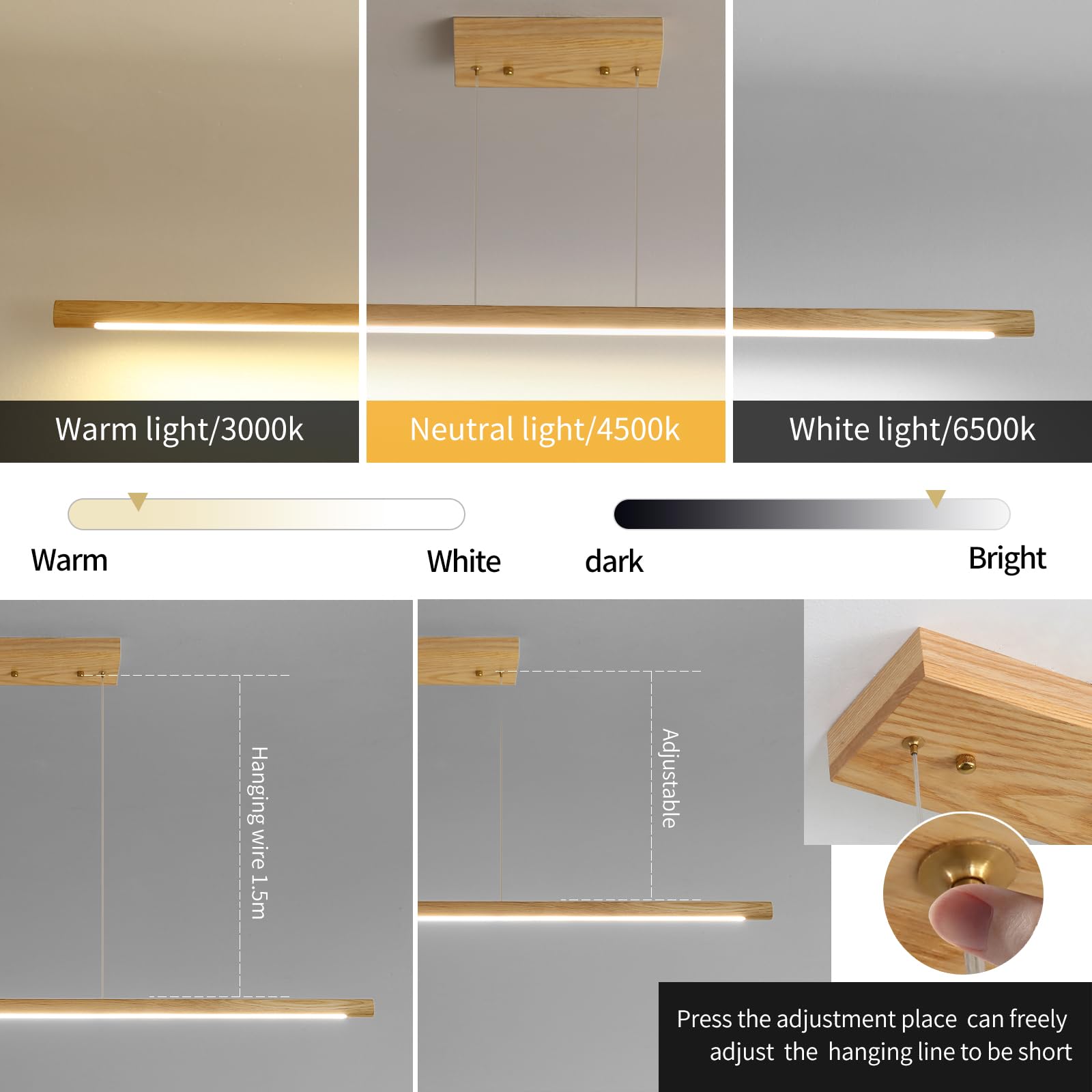 Matven Wooden Linear Pendant Light, 47'' Dimmable Pool Table Island Lights For Kitchen, Led Ceiling Pendant Lamp For Dining Room