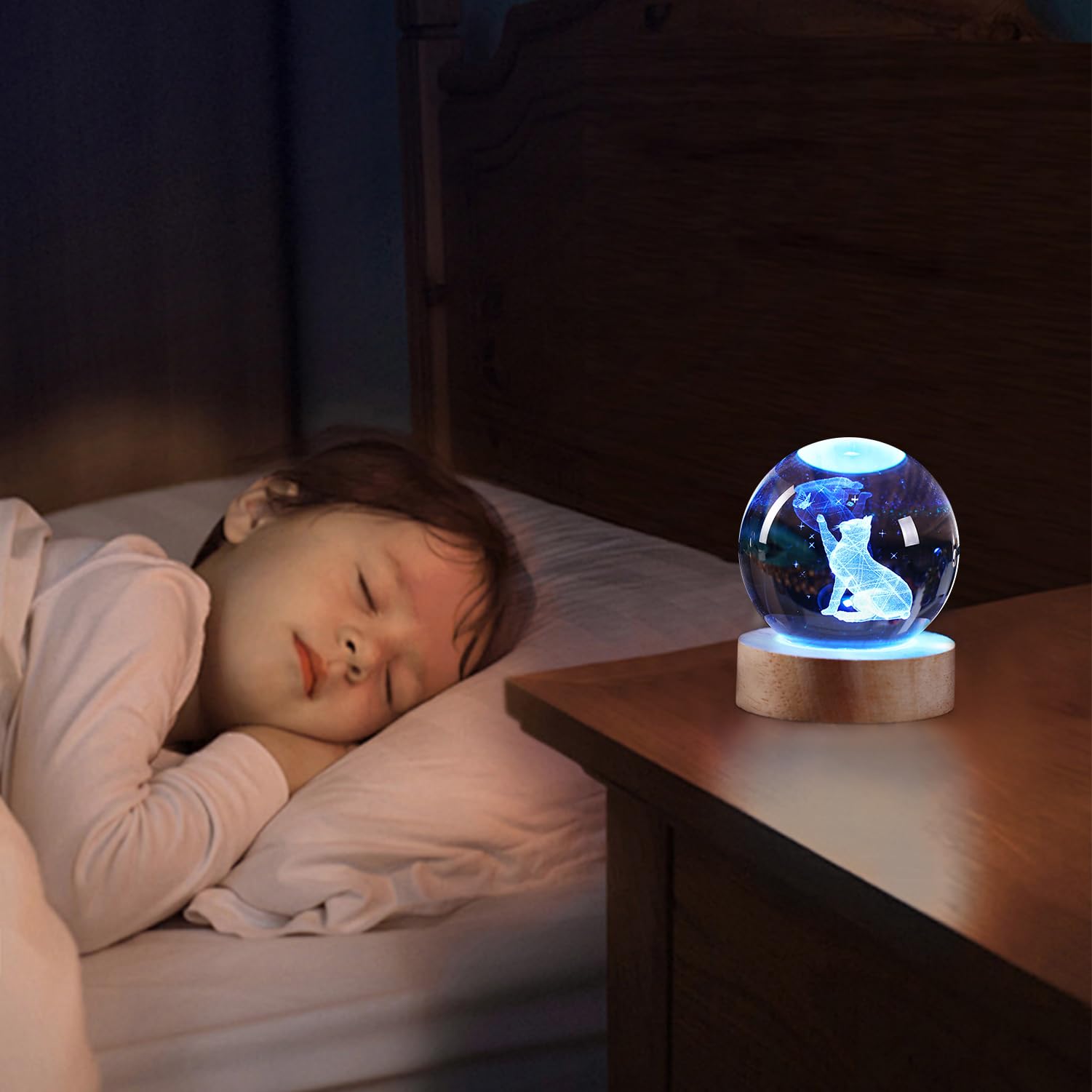 Youercrystal 3D Cat Figurine In Crystal Ball Nightlight With Colorful Led Base, Cute Cat Lover Gifts For Woman, Crystal Glass Kitten Collectibles Kitty (60Mm Ball)