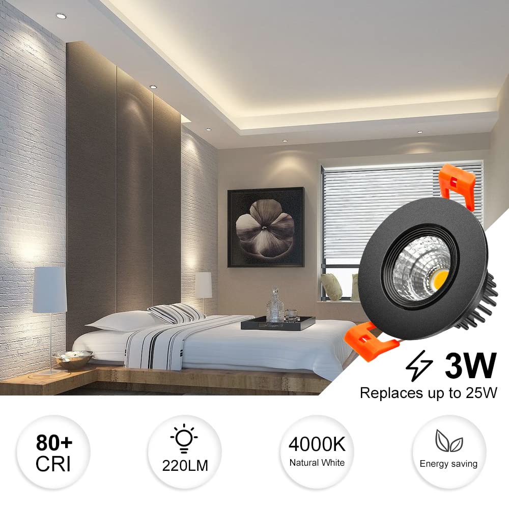 Inshareplus 2 Inch Led Downlight, 3W Recessed Lighting 220Lm Cob Dimmable, 4000K Natural White, Cri80, Black Trim, Led Ceiling L