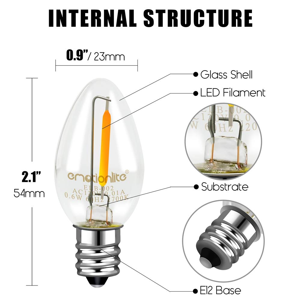 Emotionlite Night Light Bulbs, Led C7 Bulb, E12 Candelabra Base, Salt Lamp And Nightlight Replacement Bulb, 0.5W, Warm White 2700K, 50Lm, 30 Pack