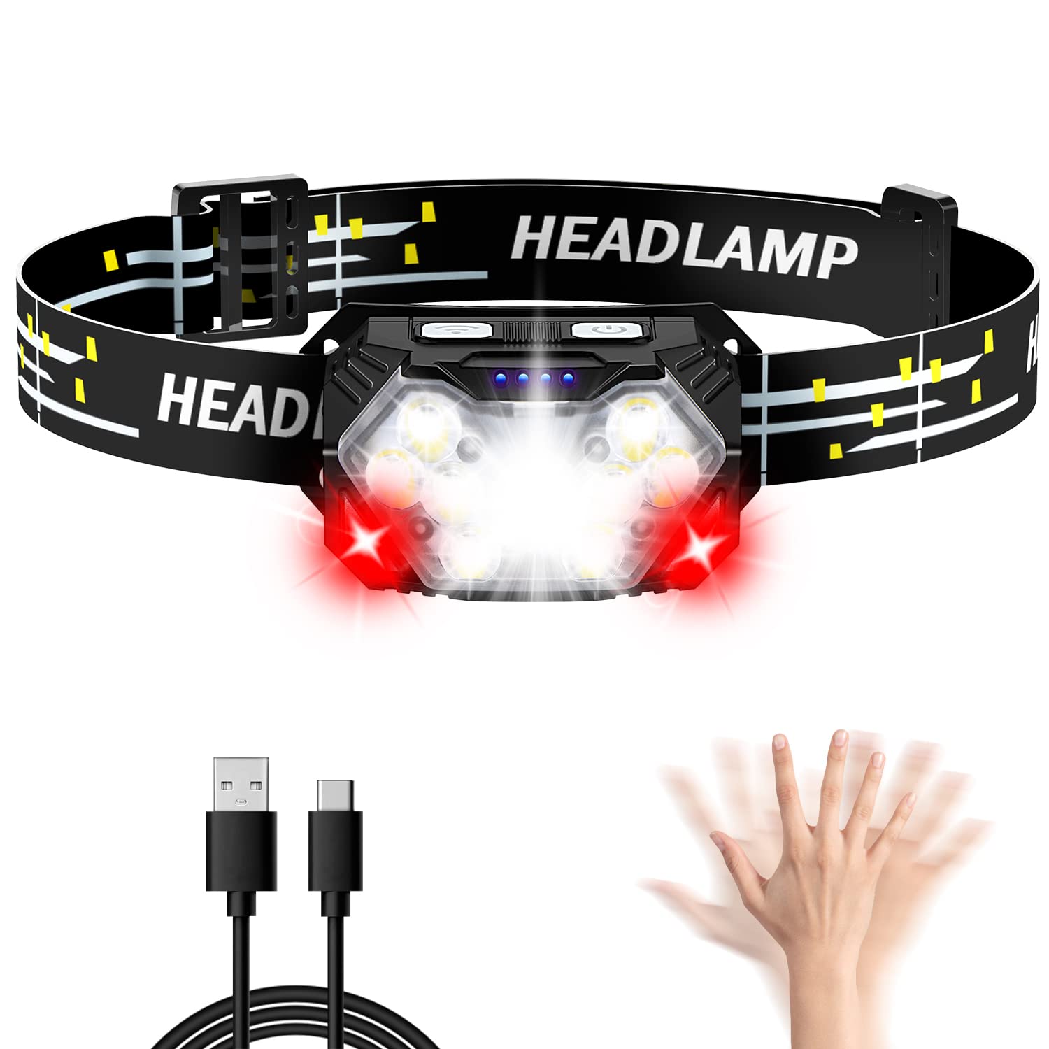 Lsnisni 9 LED Headlamp Rechargeable, 2000 Lumen, 10 Modes, Motion Sensor, Waterproof, 2000mAh, Model HL-RECHARGE-1