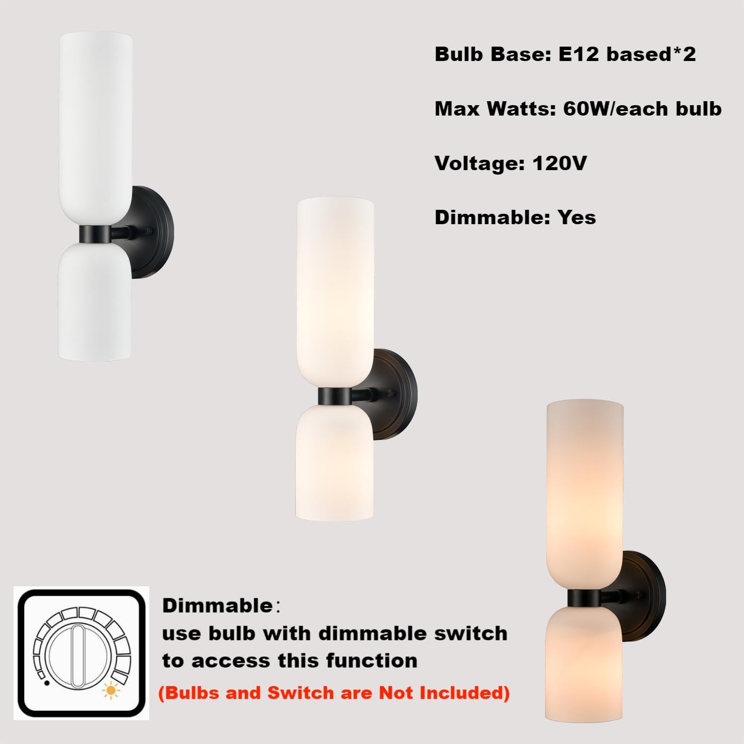 DEYNITE Black Wall Sconces Set of Two, 2-Light Modern Vanity Light with Milky White Glass, Model B3216-2BU-BK-N-2