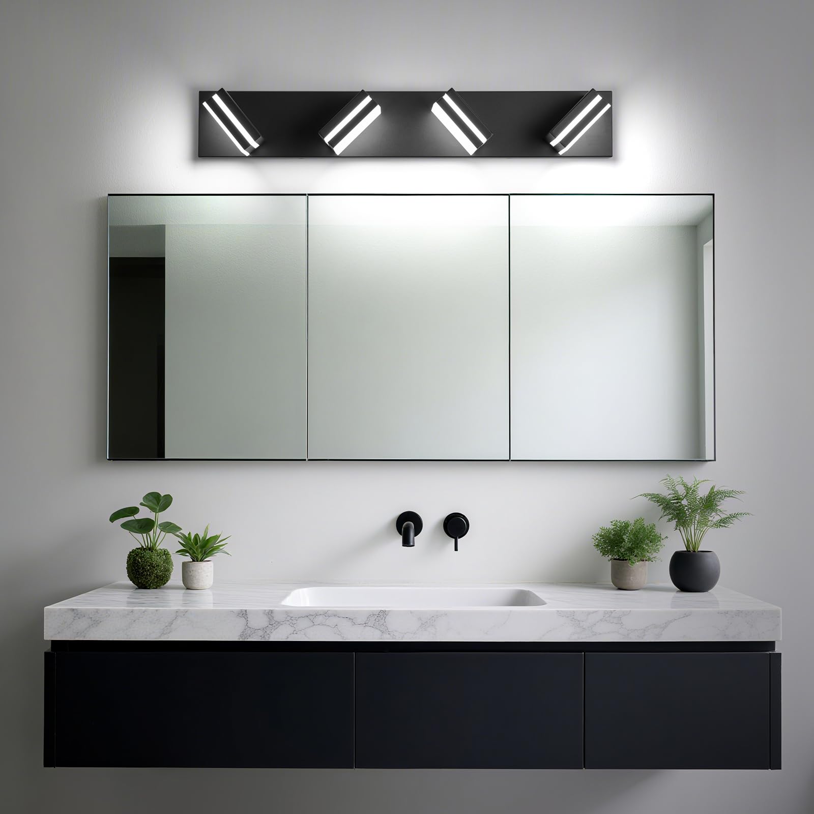 Jzekvn Modern Led Bathroom Lights Fixtures(4-Light) Metal Black Acrylic Wall Lighting Vanity Lights For Bathroom Over Mirror(6000K 27In