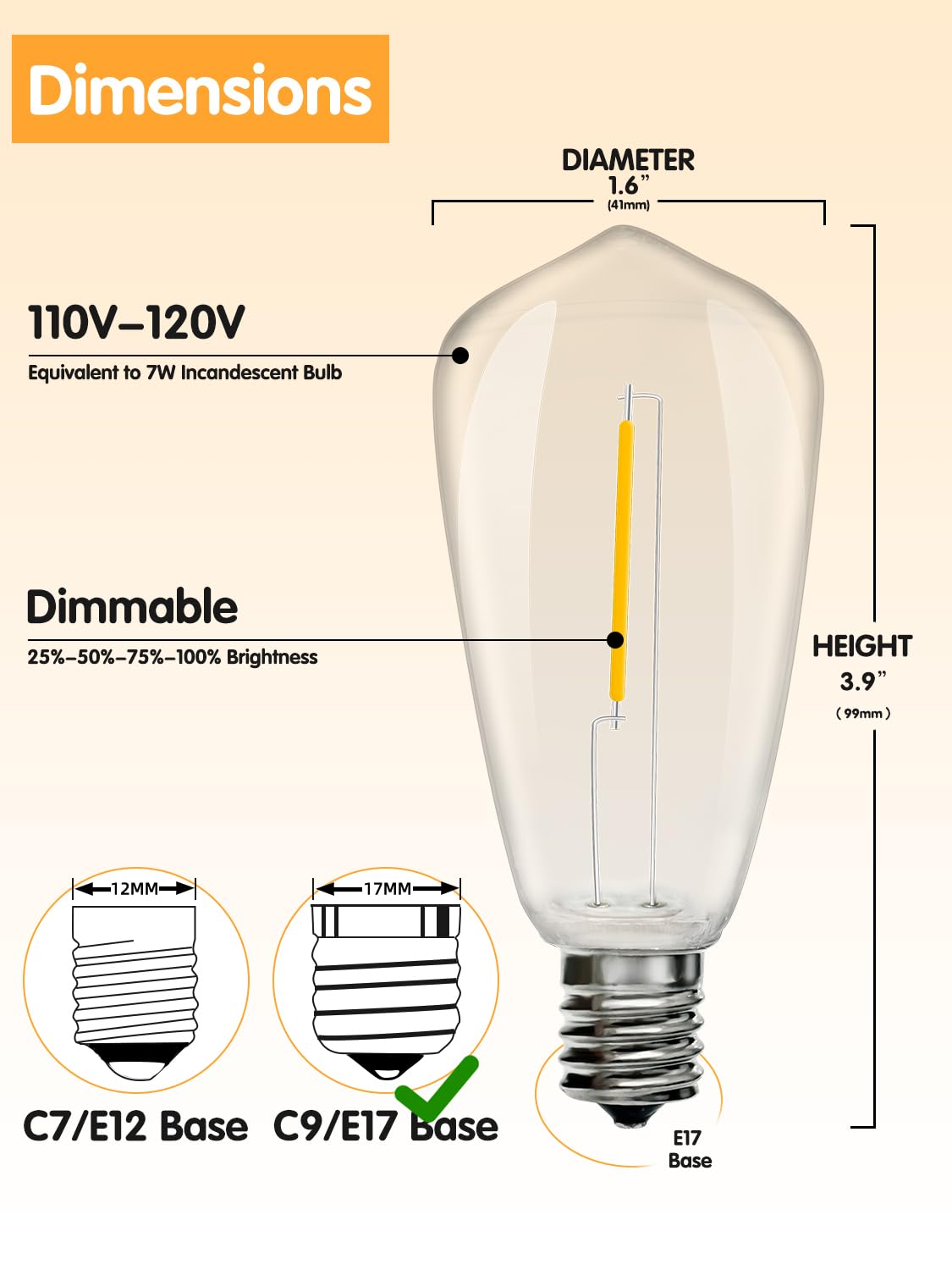 SUNSGNE 10 Pack LED String Light Bulbs, Shatterproof Dimmable E17 ST40, Warm White, Plastic, 0.6 Watt for Outdoor Patio