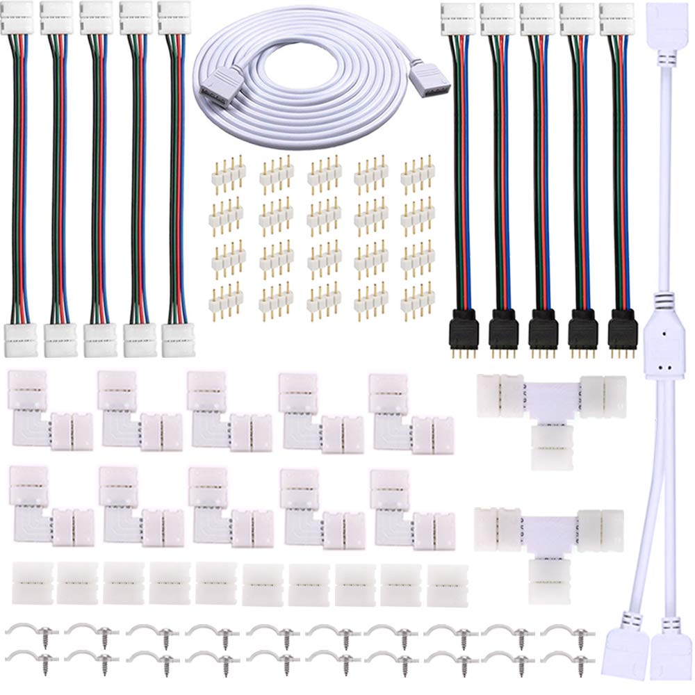FSJEE 4 Pin LED Strip Connector Kit for 5050 Light Strip, 8 Solderless Accessories, Black, Model FS-RGB2