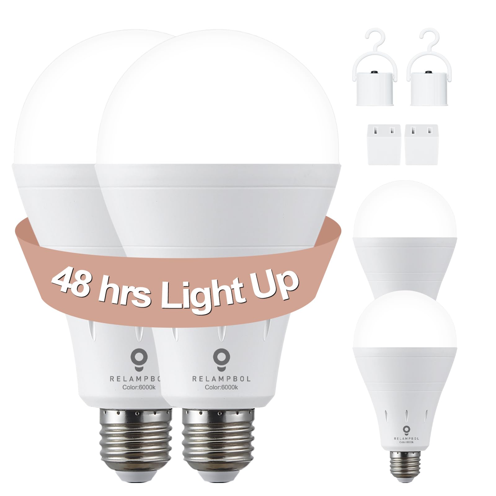 Relampbol 4 Pack Rechargeable Emergency Light Bulb Battery Operated Power Outage Light Led Dimmable Bulbs 6000K 9W 120V 800Lumen