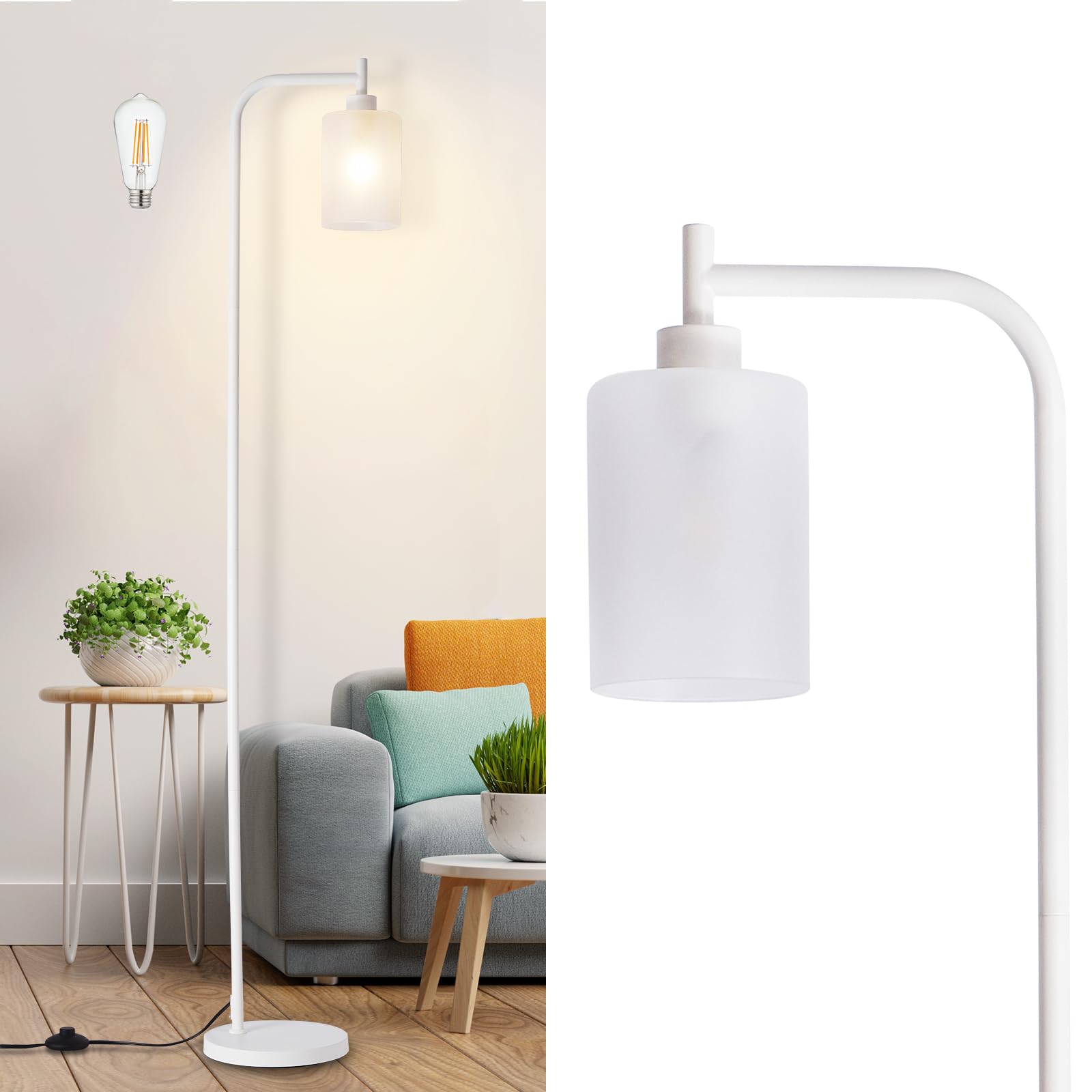 DINGLILIGHTING Floor Lamp - Modern White Standing Lamp with Frosted Glass Shade, 8W LED Bulb Included, Model WSFLL005-WH