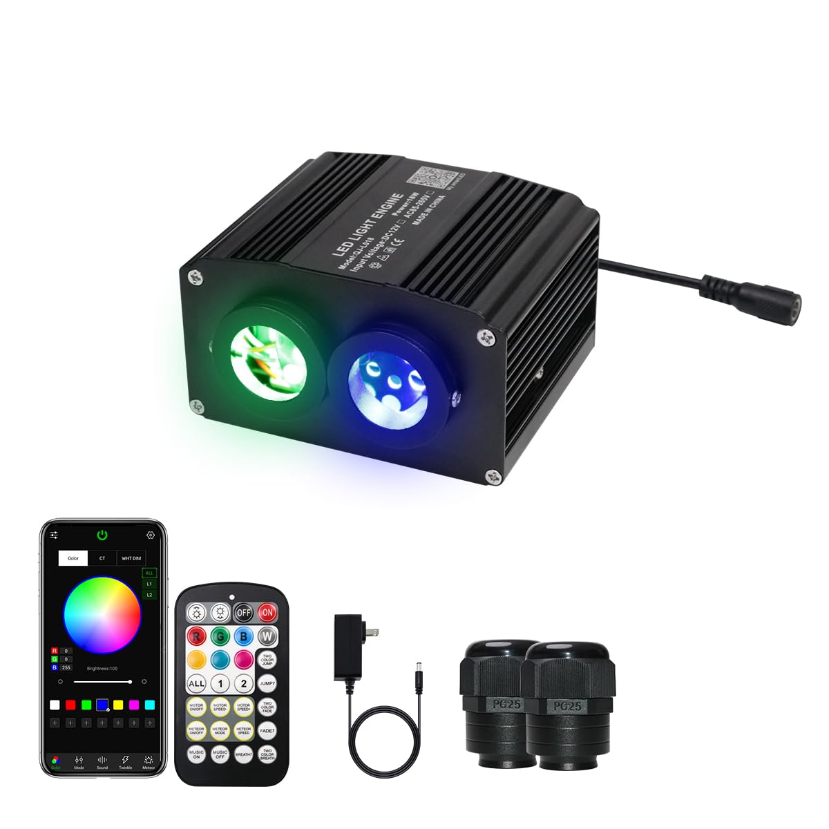 Azimom Dual Color 18W Twinkle Fiber Optic Starlight Box With Pure White Meteor  2 In 1 Starlight Meteor Engine Sound Activated App/Remote Rgbw Light Source Driver For Car Home Star Lighting Decor