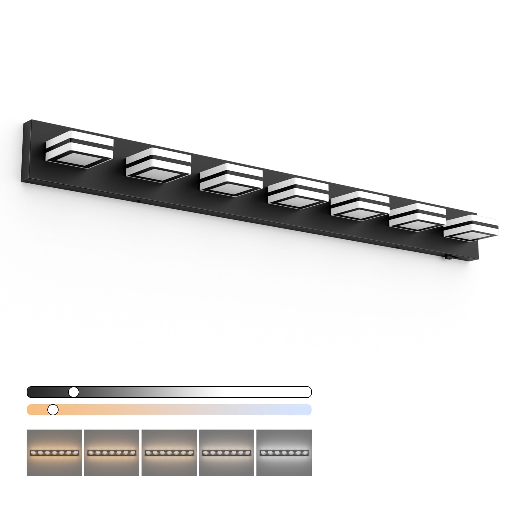 Ralbay 5 Color Temperature Dimmable 46Inch Matte Black Vanity Lights Acrylic Modern Led Black Vanity Lighting For Bathroom 7 Lights