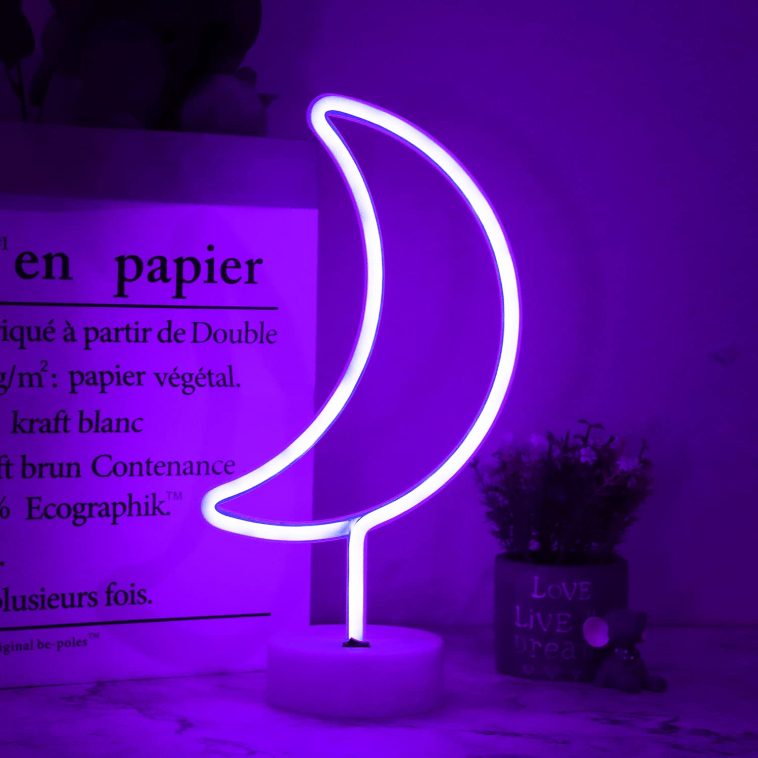 Vicila LED Moon Neon Signs Halloween Decor, Purple Crescent Night Lights USB Battery Operated Moon Lamp for Birthday Party, Wedding, Christmas Decorations-Moon with Holder Base(Purple)