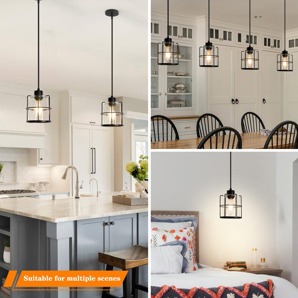 DSMJFU Farmhouse Pendant Lights Set of 2, Black Metal with Clear Glass, Adjustable Rods, Industrial Style for Kitchen Island and Bathroom