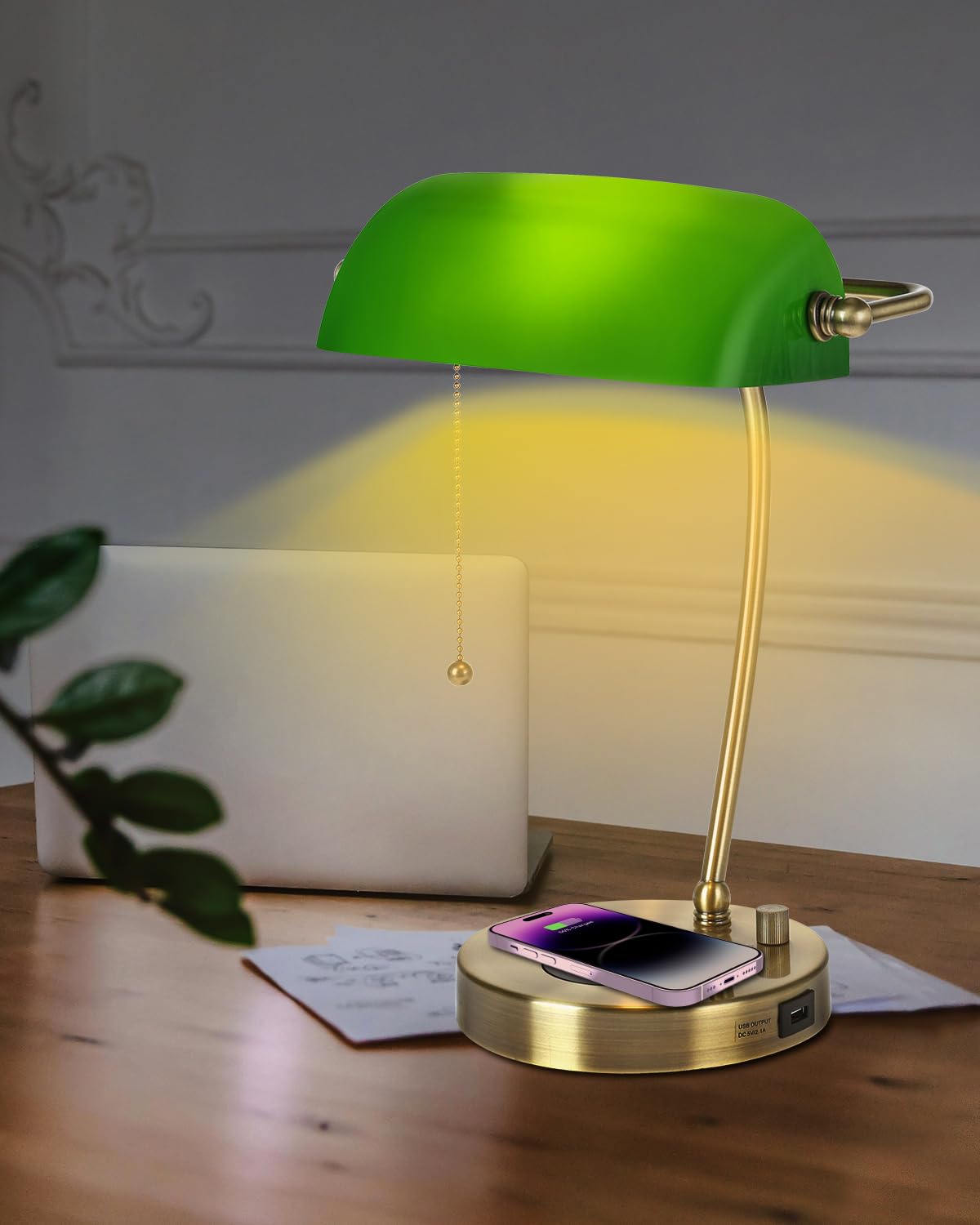 Newrays Green Glass Bankers Desk Lamp With Wireless Charger, Usb Charging Port For Home Office,Stepless Dimmable Table Lamp Plug